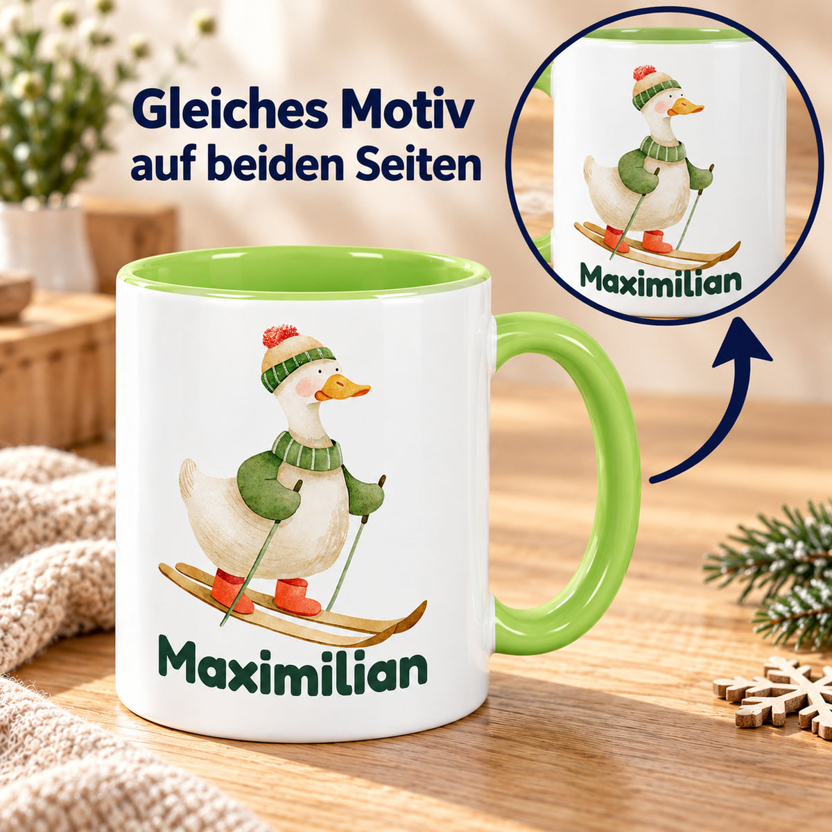 Dasselbe Gänsemotiv und derselbe Beispielname auf beiden Seiten einer hellgrünen Tasse