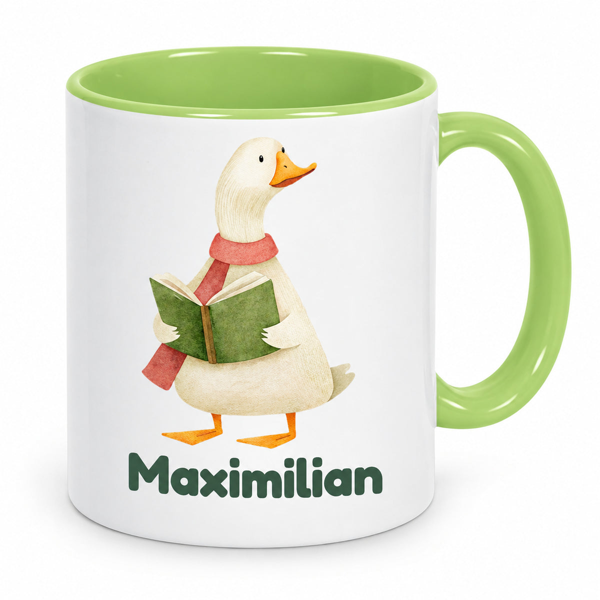 Hellgrüne Tasse mit Gans mit Buch und Beispielname Maximilian in der Vorderansicht