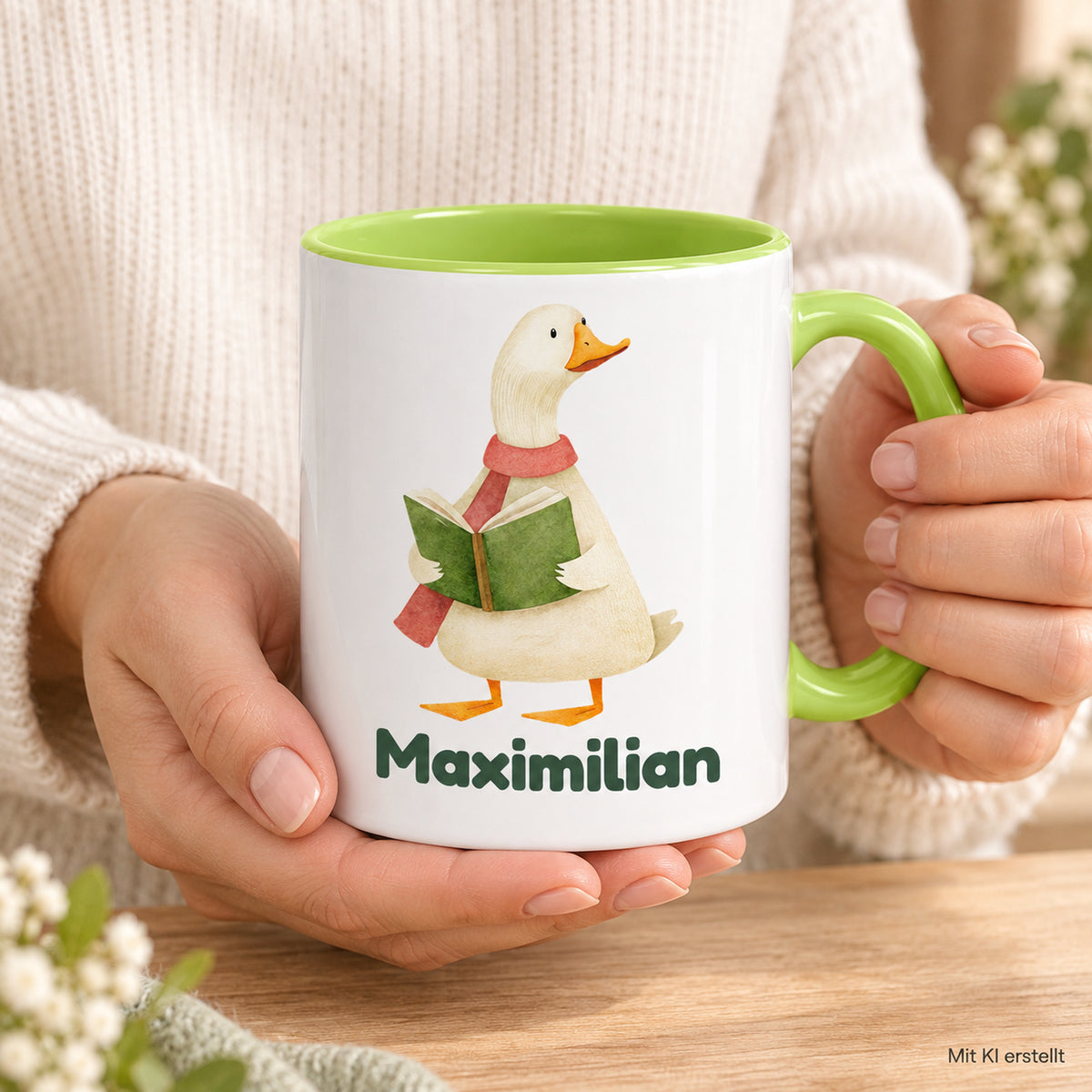 Hellgrüne Tasse mit Gans mit Buch und Maximilian in einer Nutzungsszene