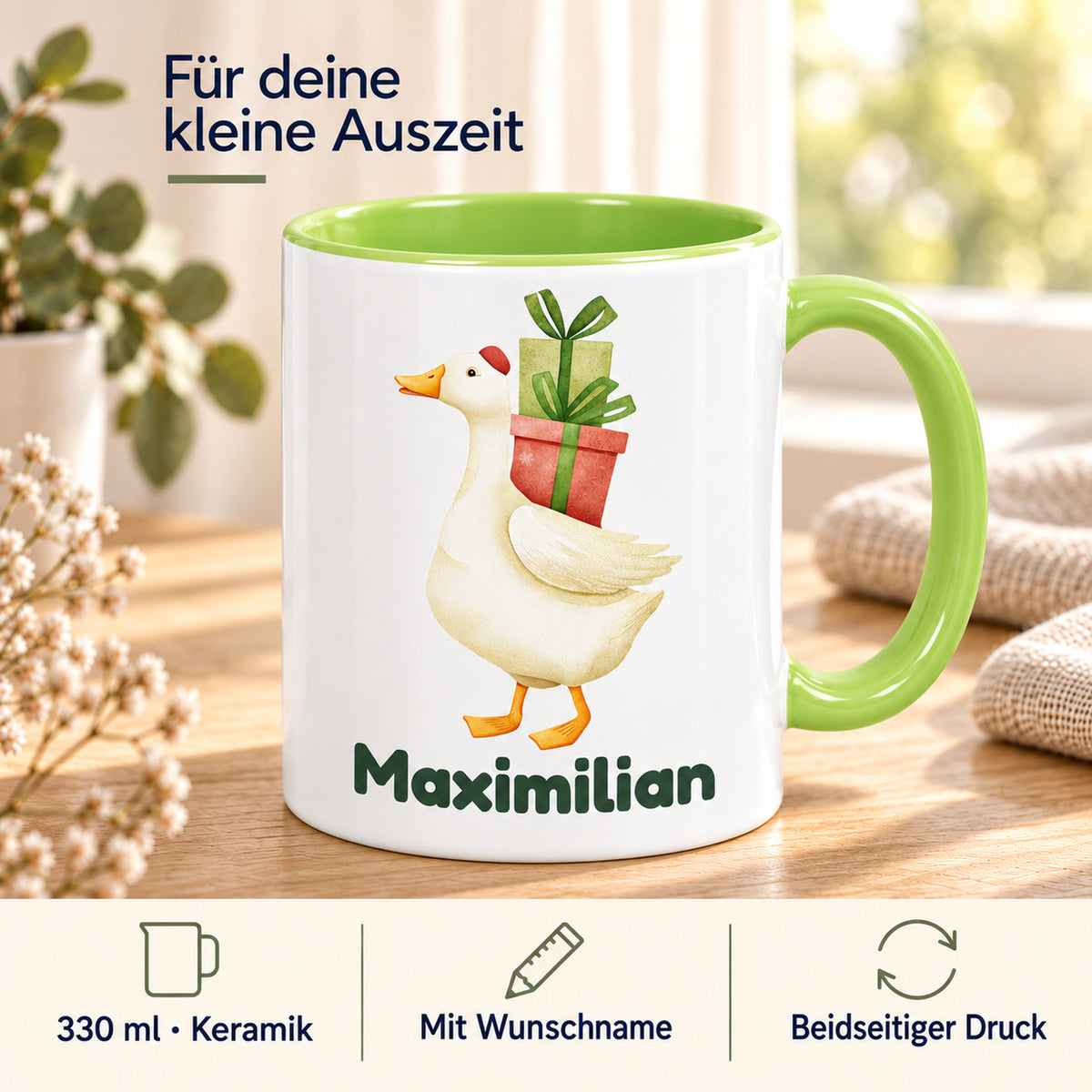 Produktdetails der hellgrünen Gänsetasse: Keramik und 330 ml