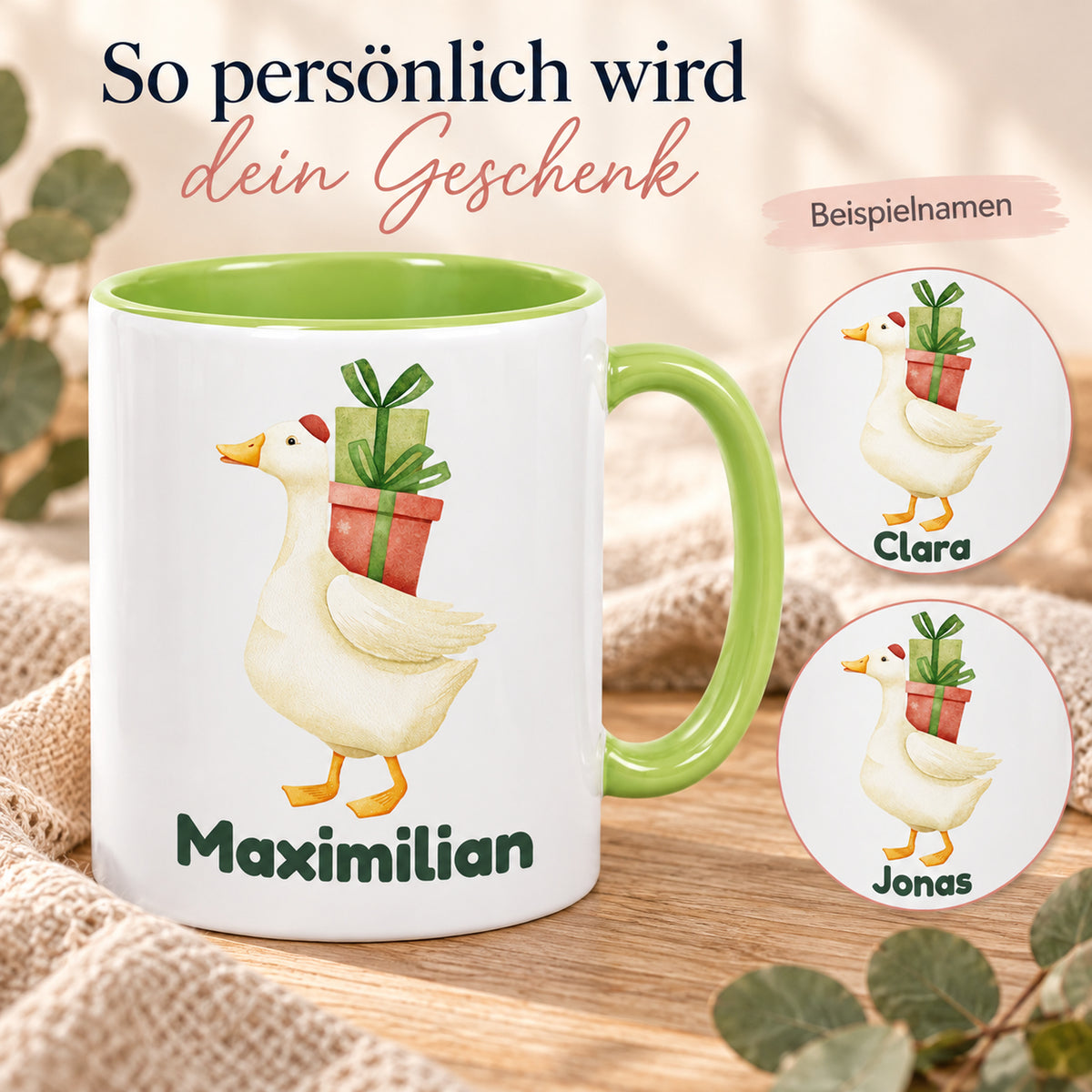 Personalisierung der Tasse mit Gans mit Geschenken: Maximilian auf der Tasse sowie Namensdetails mit Clara und Jonas
