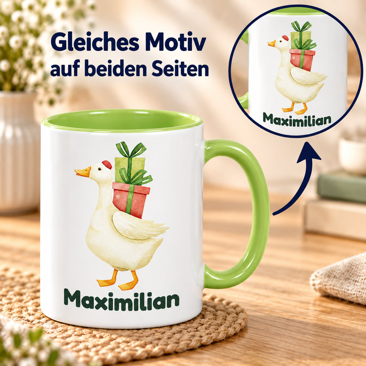 Dasselbe Gänsemotiv und derselbe Beispielname auf beiden Seiten einer hellgrünen Tasse