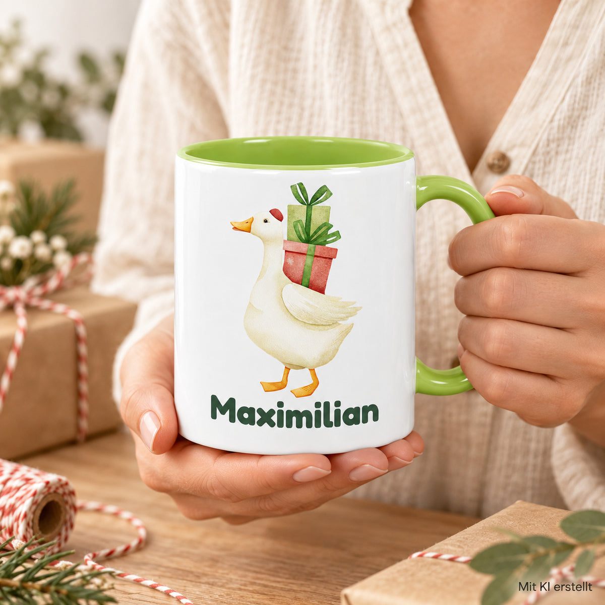 Hellgrüne Tasse mit Gans mit Geschenken und Maximilian in einer Nutzungsszene
