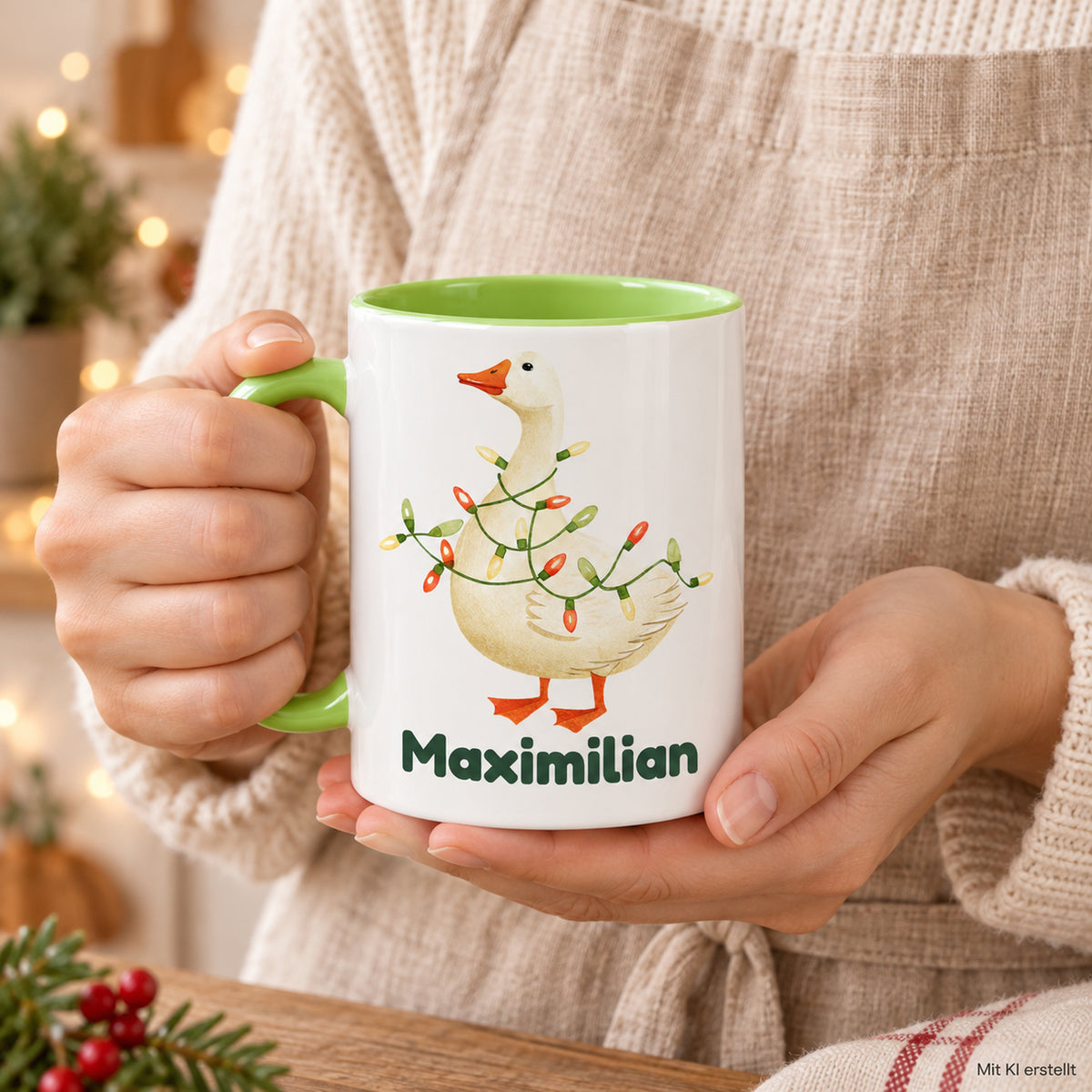 Hellgrüne Tasse mit Gans mit Lichterkette und Maximilian in einer Nutzungsszene