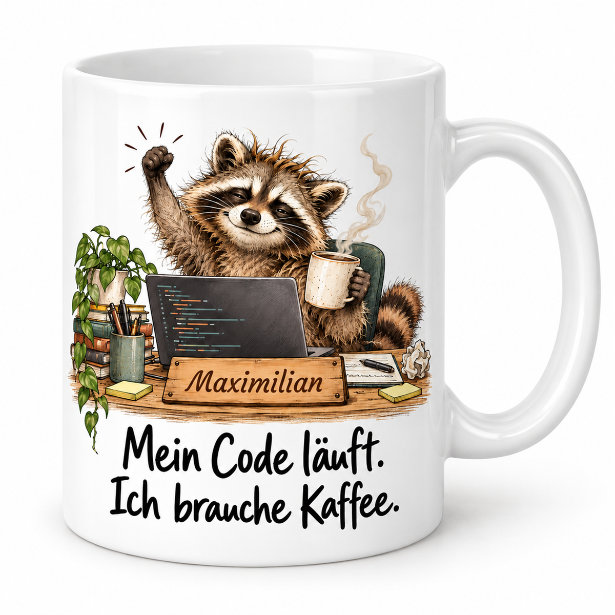 Programmierung: personalisierte weiße Tasse mit Waschbär, Berufsspruch und Beispielname Maximilian