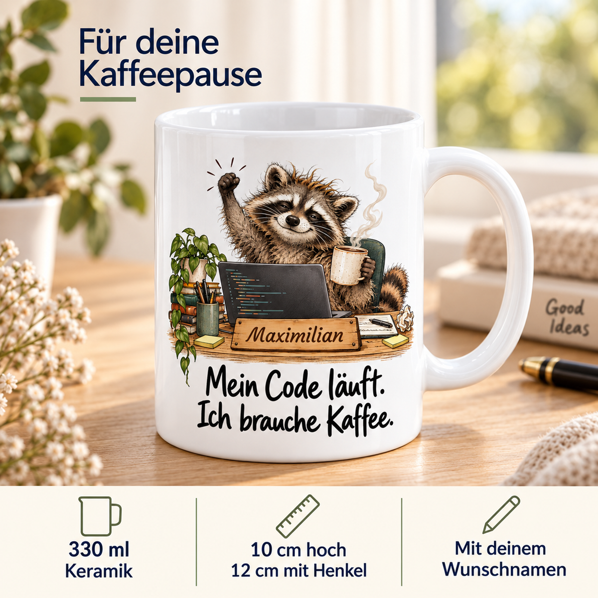 Programmierung: weiße Tasse mit Waschbär-Berufsmotiv, Spruch und Beispielname Maximilian – Eigenschaften