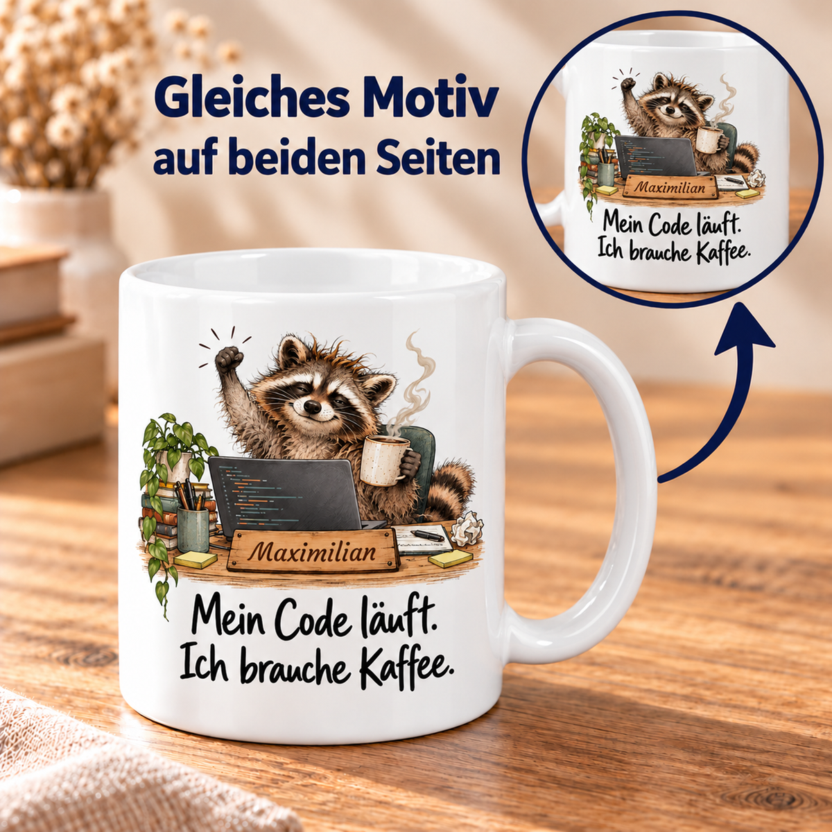 Programmierung: weiße Tasse mit Waschbär-Berufsmotiv, Spruch und Beispielname Maximilian – beidseitiger Druck