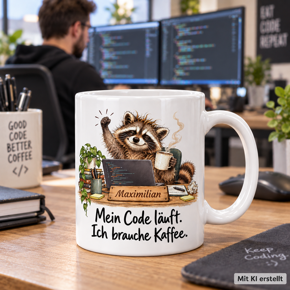 Personalisierte Programmierung-Tasse mit Tiermotiv und Wunschname auf einer Arbeitsfläche; passende Berufsszene mit arbeitender Person unscharf im Hintergrund. Mit KI erstellt.