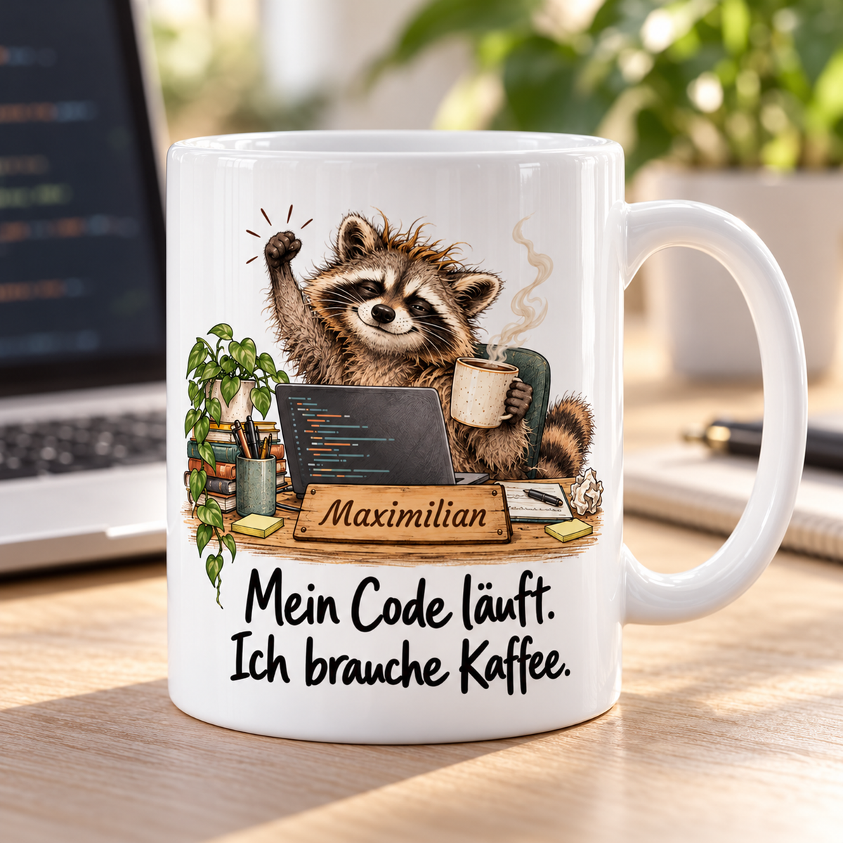 Programmierung: weiße Tasse mit Waschbär-Berufsmotiv, Spruch und Beispielname Maximilian – Alltagsszene