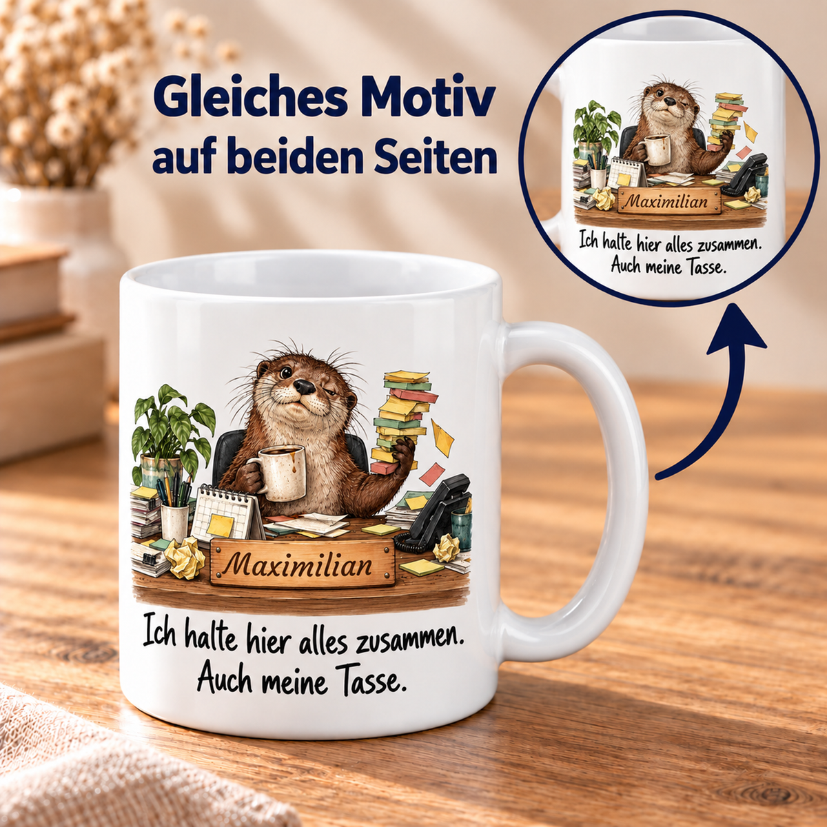 Büroassistenz: weiße Tasse mit Otter-Berufsmotiv, Spruch und Beispielname Maximilian – beidseitiger Druck