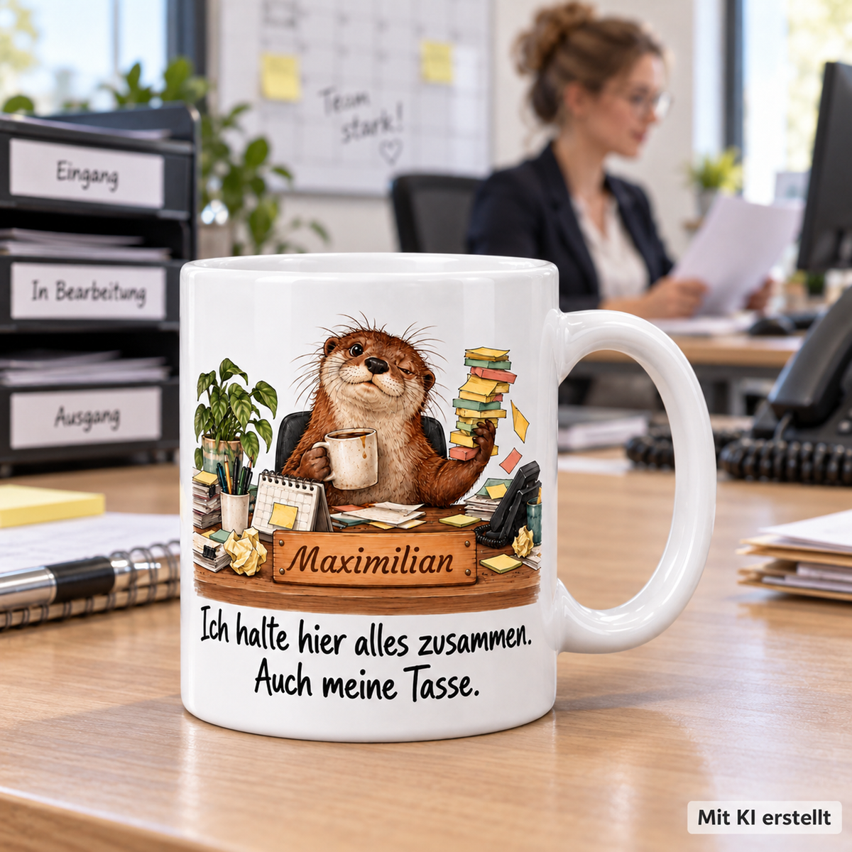 Personalisierte Büromanagement / Assistenz-Tasse mit Tiermotiv und Wunschname auf einer Arbeitsfläche; passende Berufsszene mit arbeitender Person unscharf im Hintergrund. Mit KI erstellt.