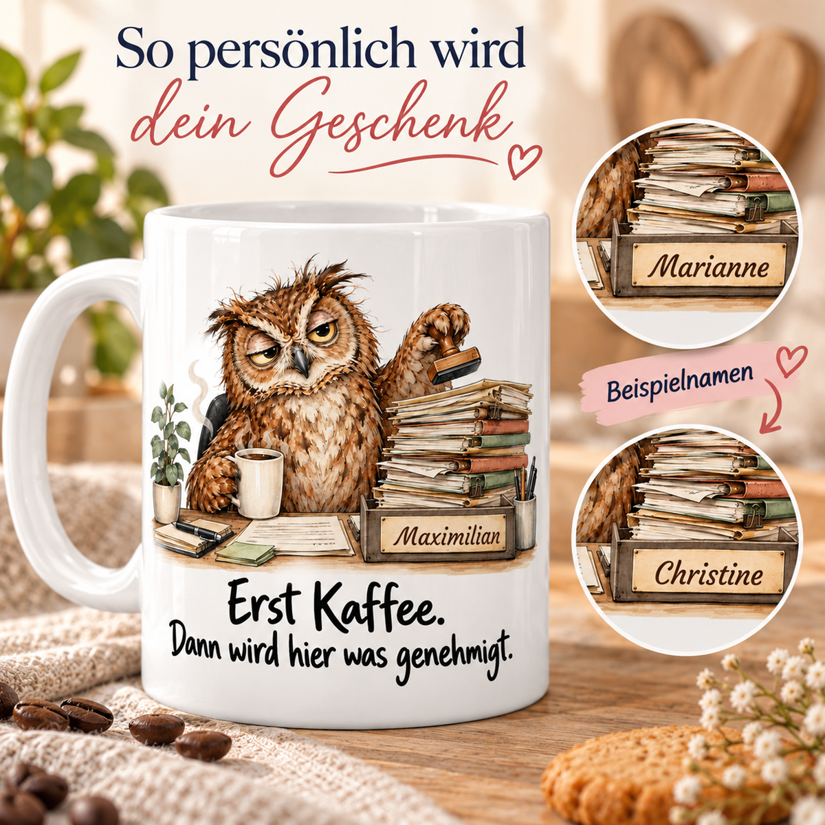 Verwaltung: weiße Tasse mit Eule-Berufsmotiv, Spruch und Beispielname Maximilian – Personalisierungsbeispiele