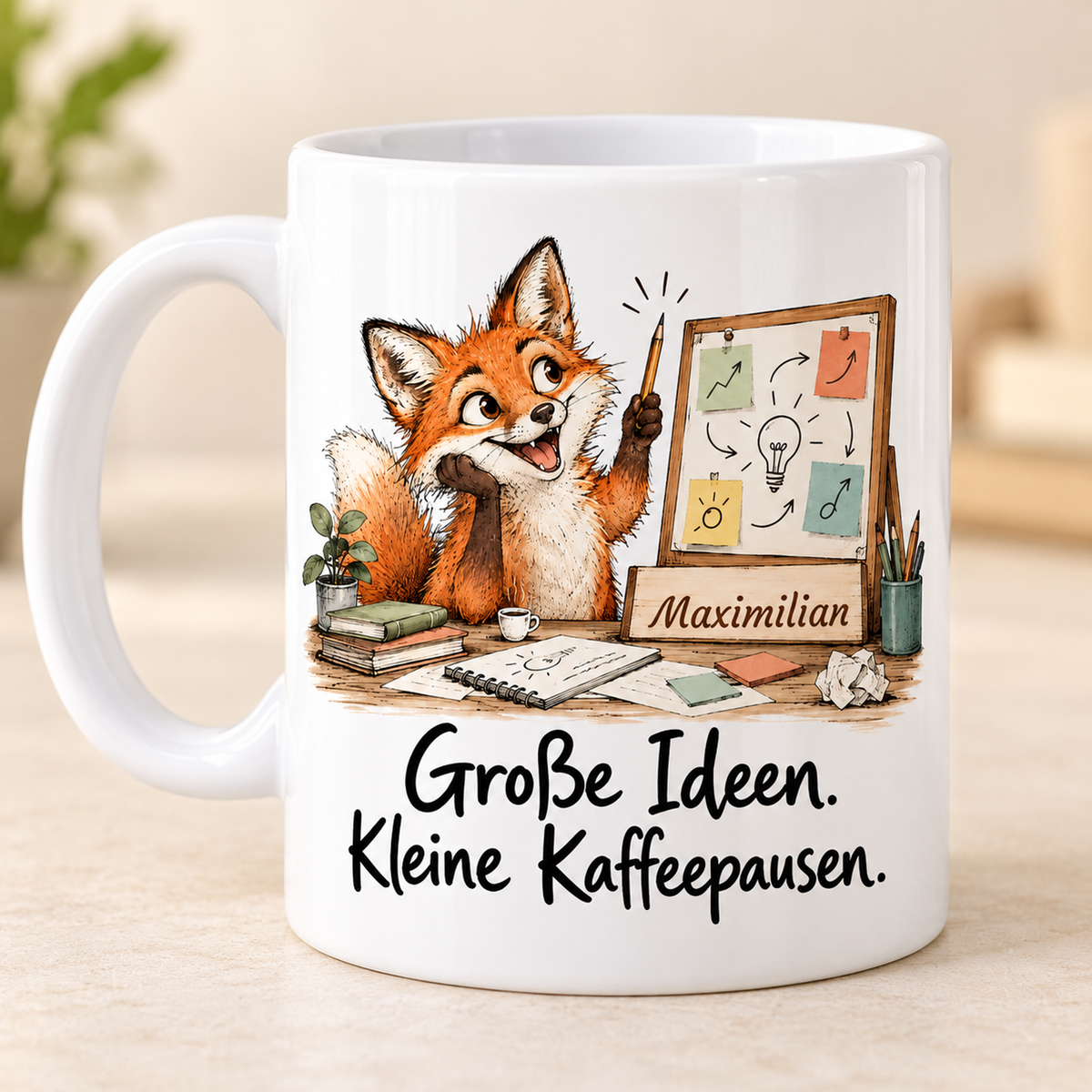 Marketing: weiße Tasse mit Fuchs-Berufsmotiv, Spruch und Beispielname Maximilian – bedruckte Rückseite