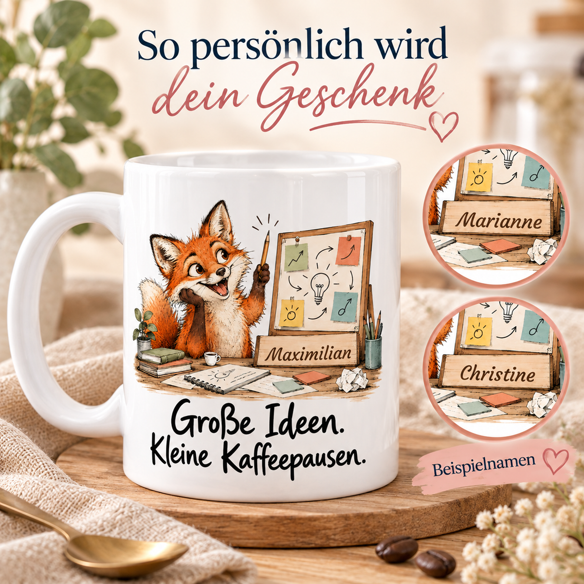 Marketing: weiße Tasse mit Fuchs-Berufsmotiv, Spruch und Beispielname Maximilian – Personalisierungsbeispiele