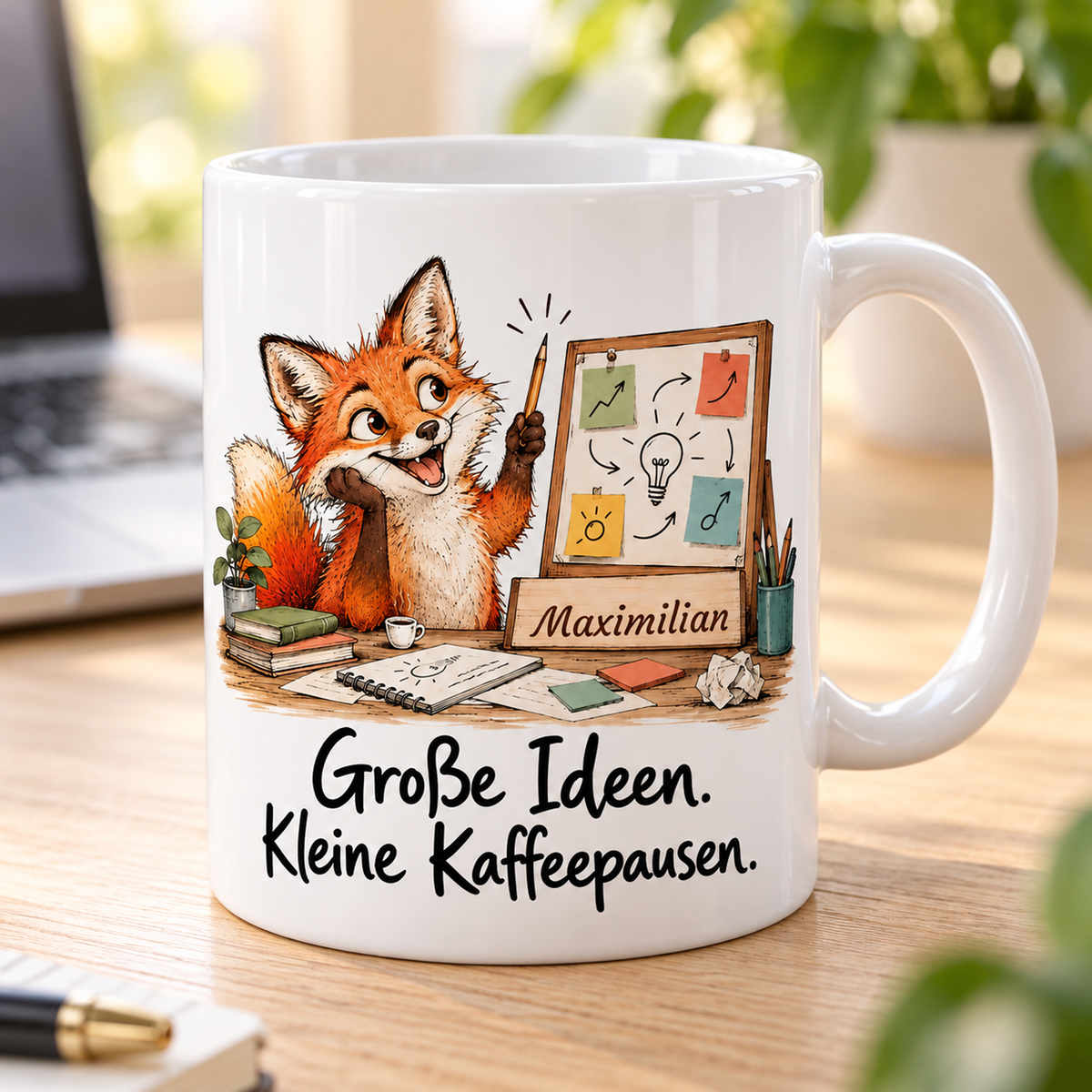 Marketing: weiße Tasse mit Fuchs-Berufsmotiv, Spruch und Beispielname Maximilian – Alltagsszene