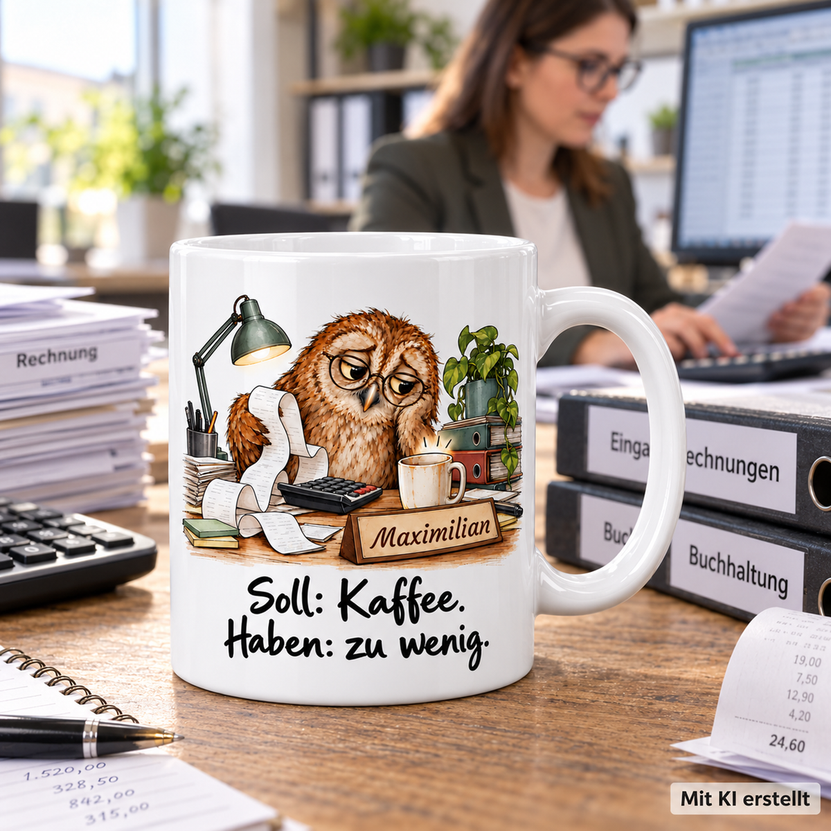 Personalisierte Buchhaltung-Tasse mit Tiermotiv und Wunschname auf einer Arbeitsfläche; passende Berufsszene mit arbeitender Person unscharf im Hintergrund. Mit KI erstellt.
