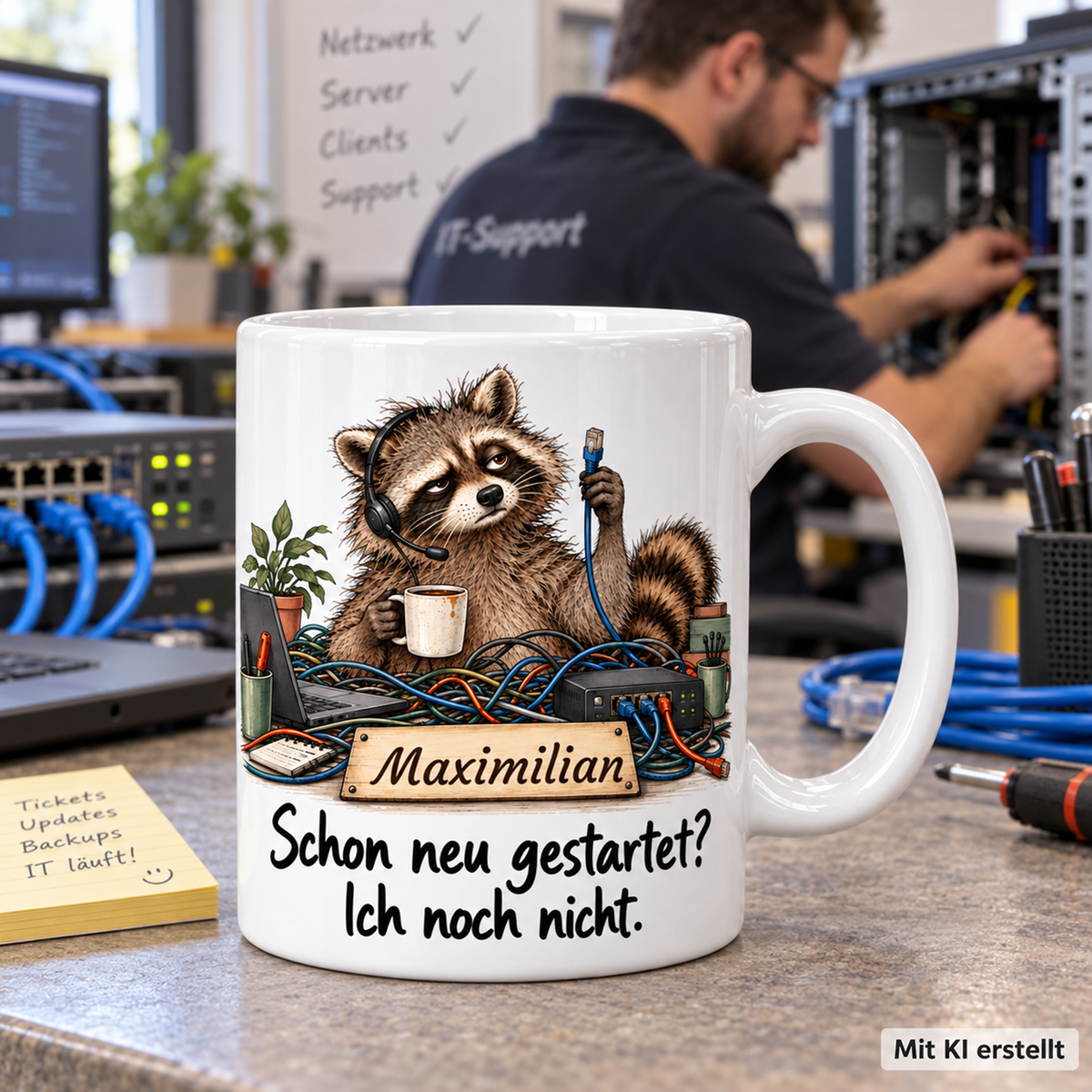 Personalisierte IT-Support-Tasse mit Tiermotiv und Wunschname auf einer Arbeitsfläche; passende Berufsszene mit arbeitender Person unscharf im Hintergrund. Mit KI erstellt.