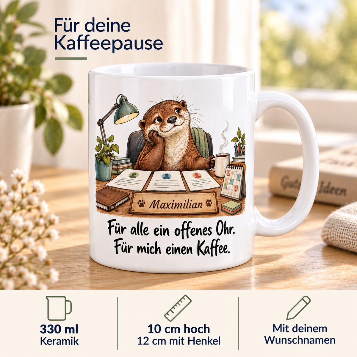 Personalwesen: weiße Tasse mit Otter-Berufsmotiv, Spruch und Beispielname Maximilian – Eigenschaften