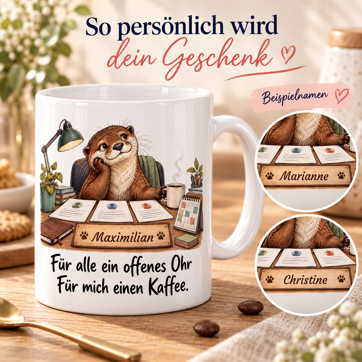 Personalwesen: weiße Tasse mit Otter-Berufsmotiv, Spruch und Beispielname Maximilian – Personalisierungsbeispiele