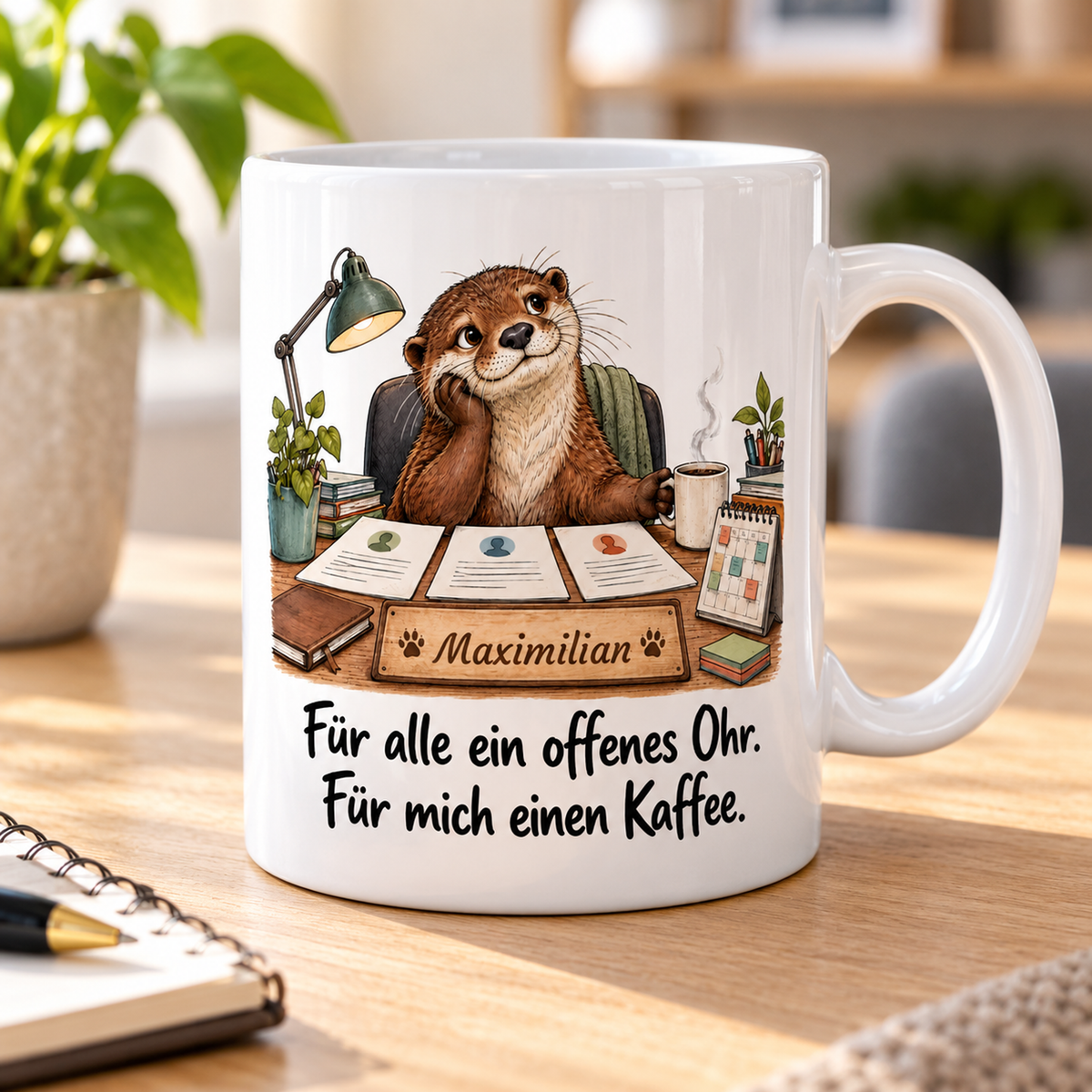 Personalwesen: weiße Tasse mit Otter-Berufsmotiv, Spruch und Beispielname Maximilian – Alltagsszene