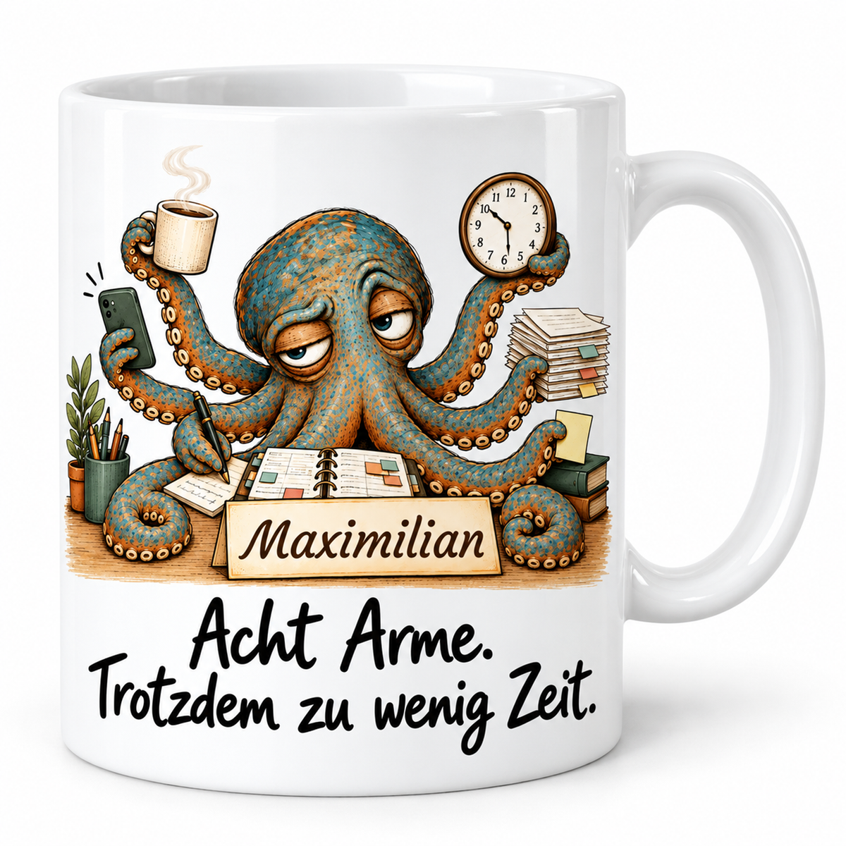 Projektmanagement: weiße Tasse mit Krake-Berufsmotiv, Spruch und Beispielname Maximilian – Hauptansicht