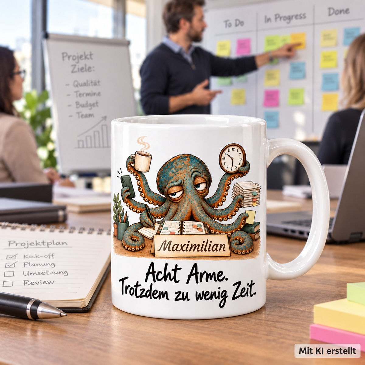Personalisierte Projektmanagement-Tasse mit Tiermotiv und Wunschname auf einer Arbeitsfläche; passende Berufsszene mit arbeitender Person unscharf im Hintergrund. Mit KI erstellt.