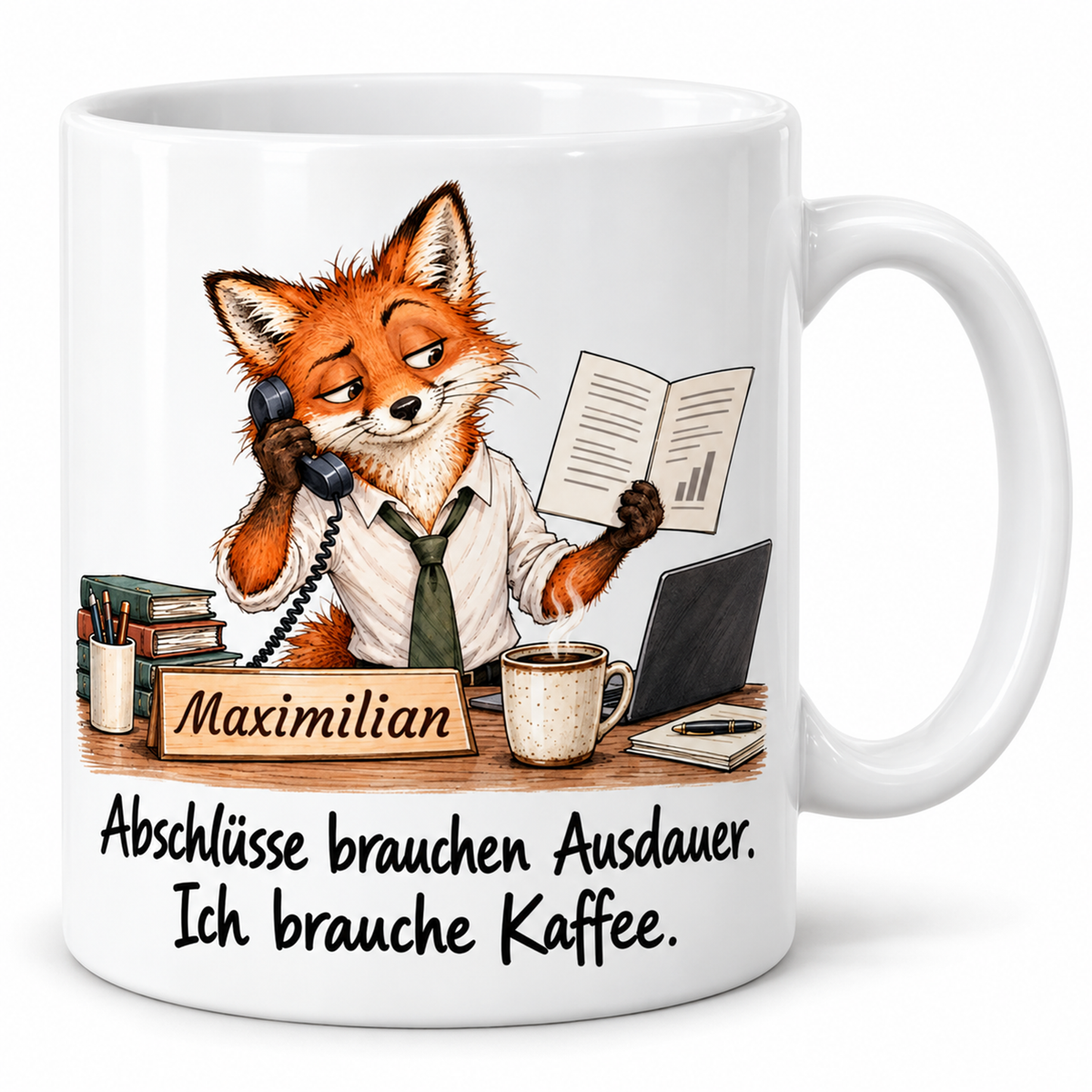 Vertrieb: weiße Tasse mit Fuchs-Berufsmotiv, Spruch und Beispielname Maximilian – Hauptansicht