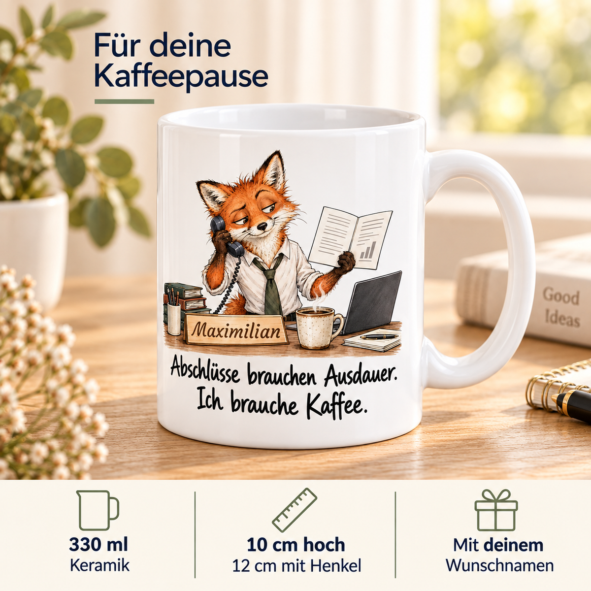 Vertrieb: weiße Tasse mit Fuchs-Berufsmotiv, Spruch und Beispielname Maximilian – Eigenschaften