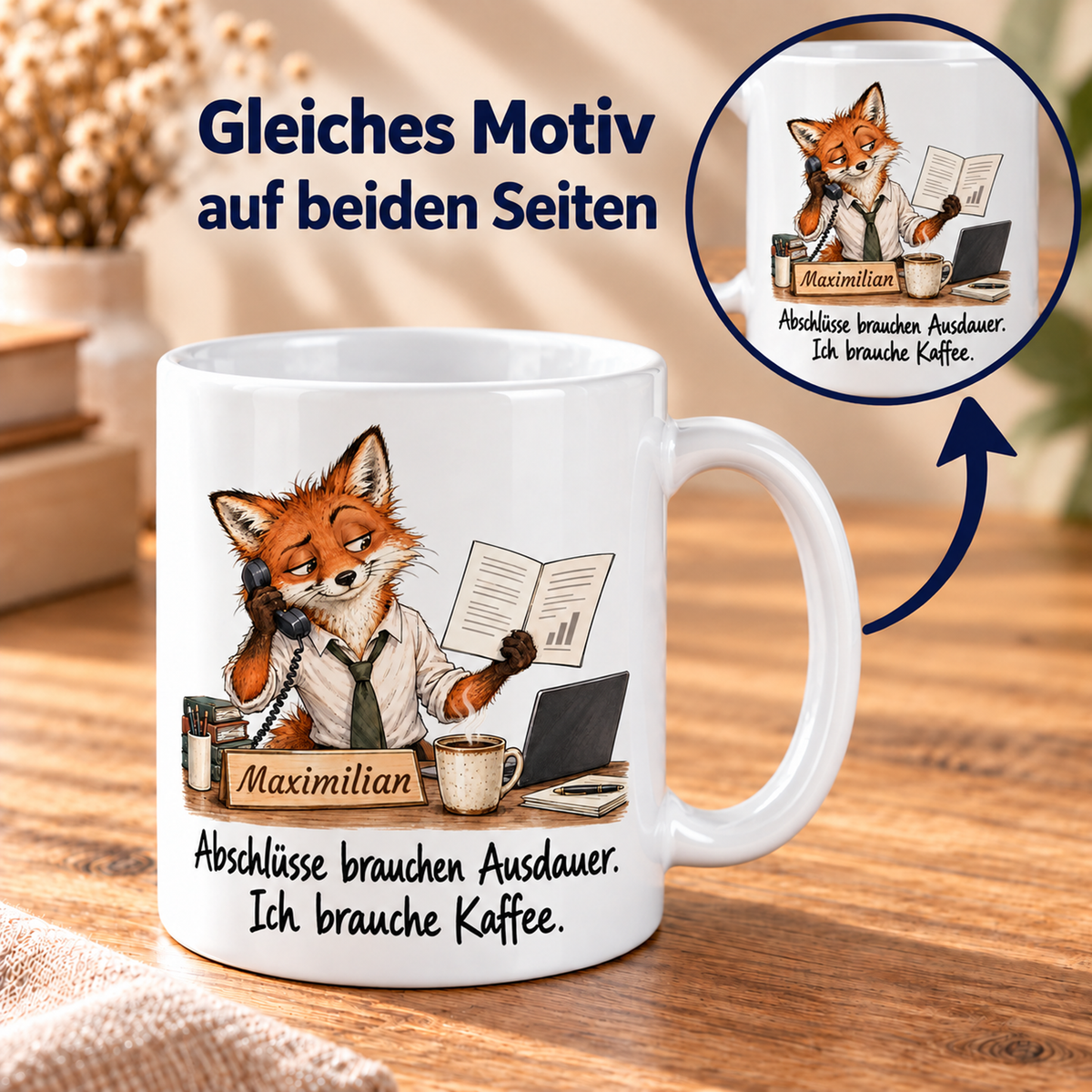 Vertrieb: weiße Tasse mit Fuchs-Berufsmotiv, Spruch und Beispielname Maximilian – beidseitiger Druck
