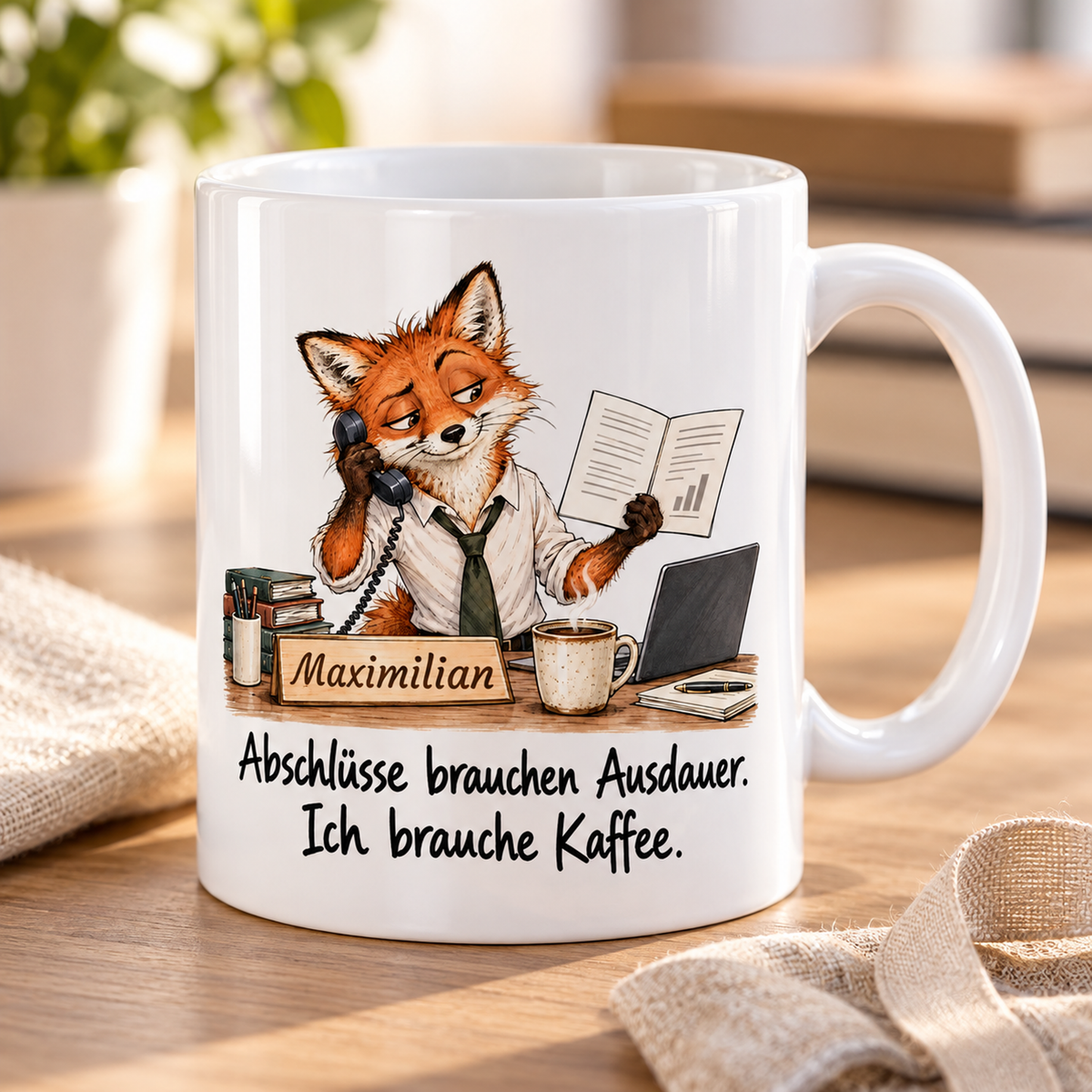 Vertrieb: weiße Tasse mit Fuchs-Berufsmotiv, Spruch und Beispielname Maximilian – Alltagsszene