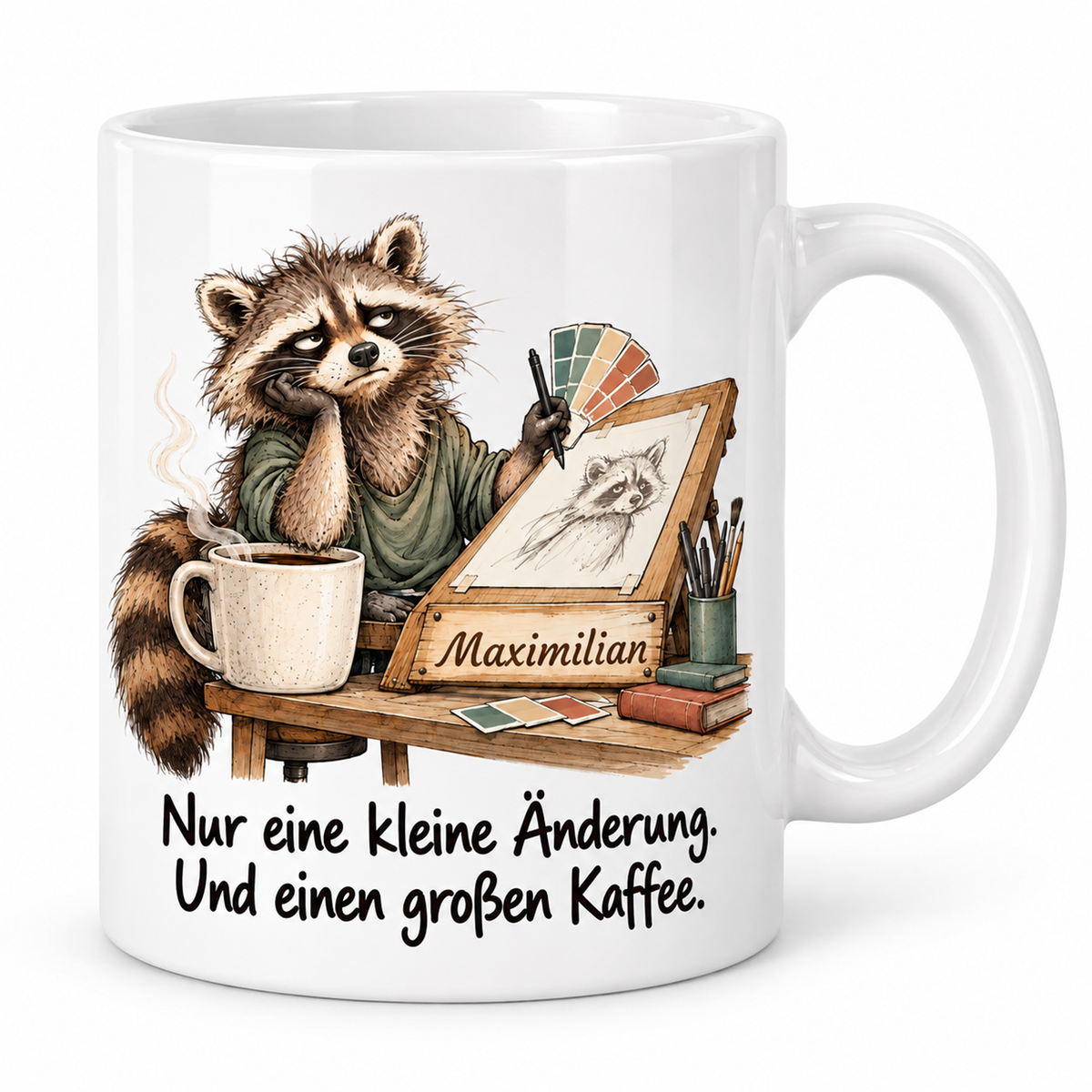 Grafikdesign: weiße Tasse mit Waschbär-Berufsmotiv, Spruch und Beispielname Maximilian – Hauptansicht