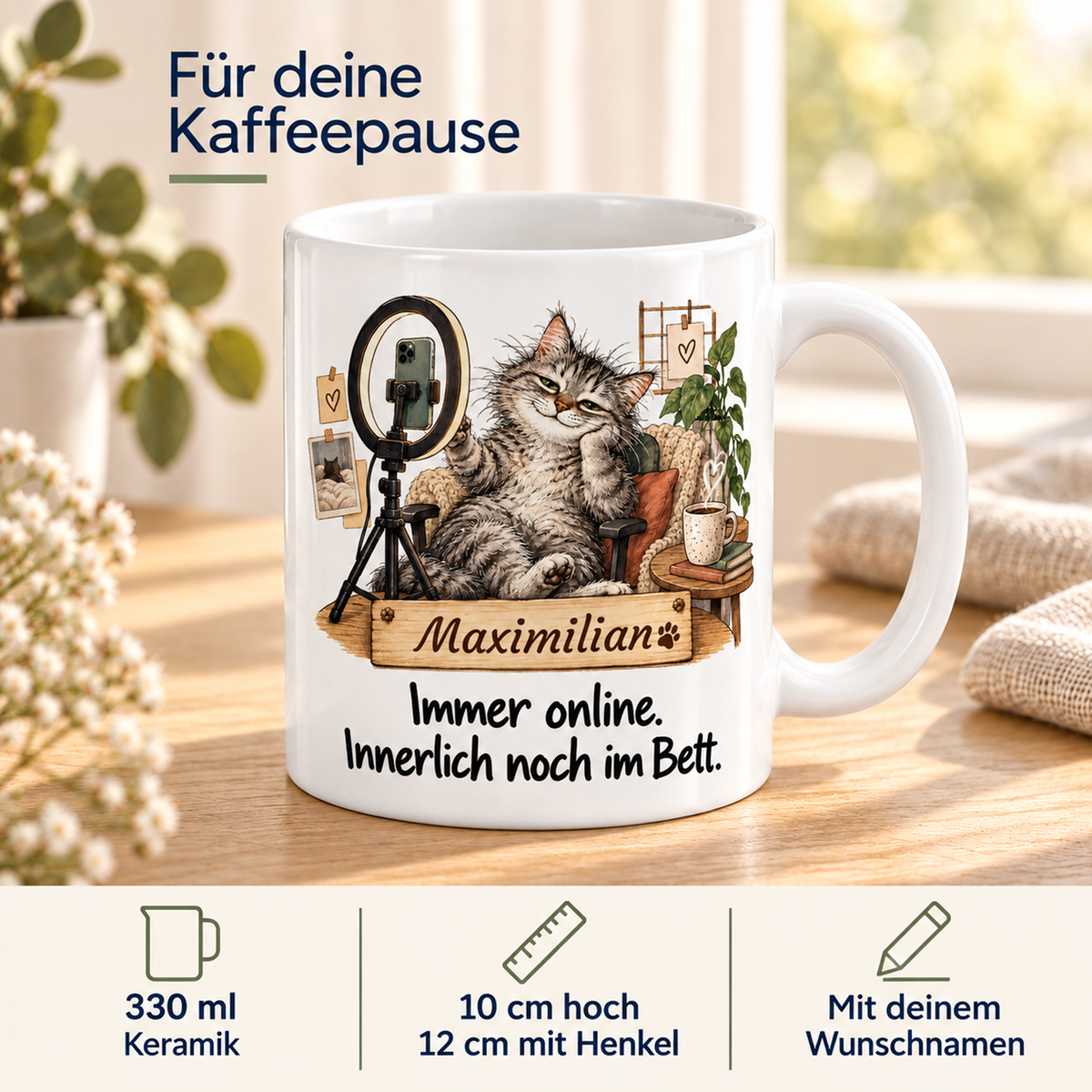 Social Media: weiße Tasse mit Katze-Berufsmotiv, Spruch und Beispielname Maximilian – Eigenschaften
