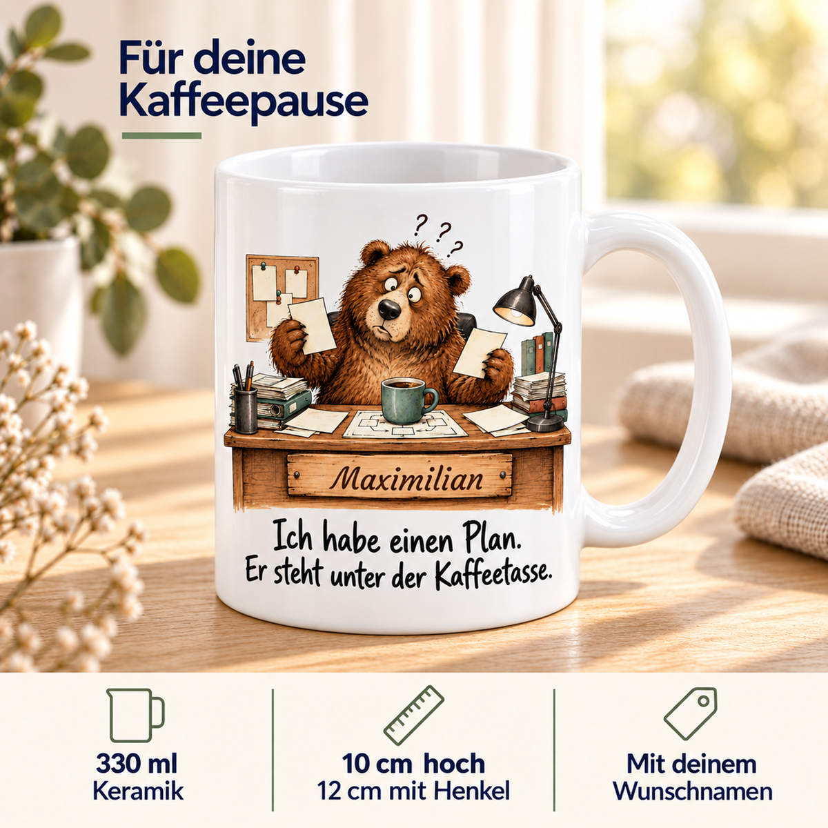 Teamleitung: weiße Tasse mit Bär-Berufsmotiv, Spruch und Beispielname Maximilian – Eigenschaften