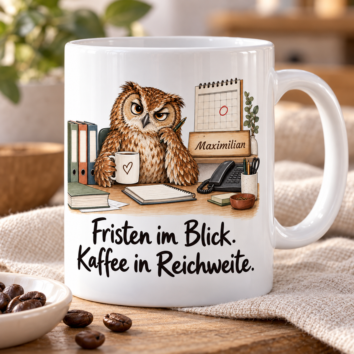 Rechtskanzlei: weiße Tasse mit Eule-Berufsmotiv, Spruch und Beispielname Maximilian – Schrägansicht
