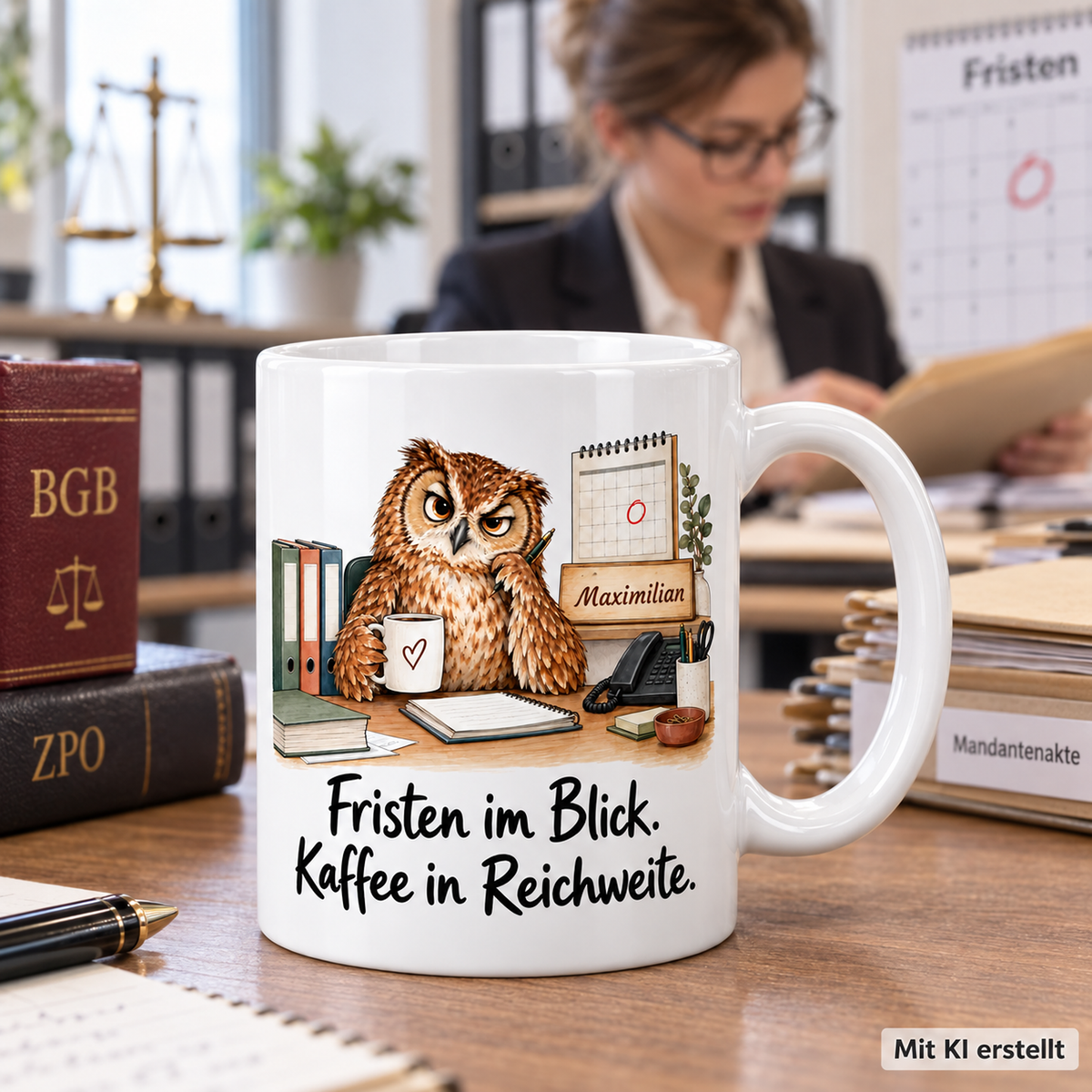 Personalisierte Rechtsanwaltsfachangestellte-Tasse mit Tiermotiv und Wunschname auf einer Arbeitsfläche; passende Berufsszene mit arbeitender Person unscharf im Hintergrund. Mit KI erstellt.