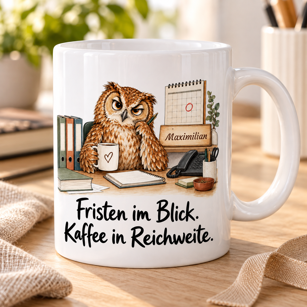 Rechtskanzlei: weiße Tasse mit Eule-Berufsmotiv, Spruch und Beispielname Maximilian – Alltagsszene