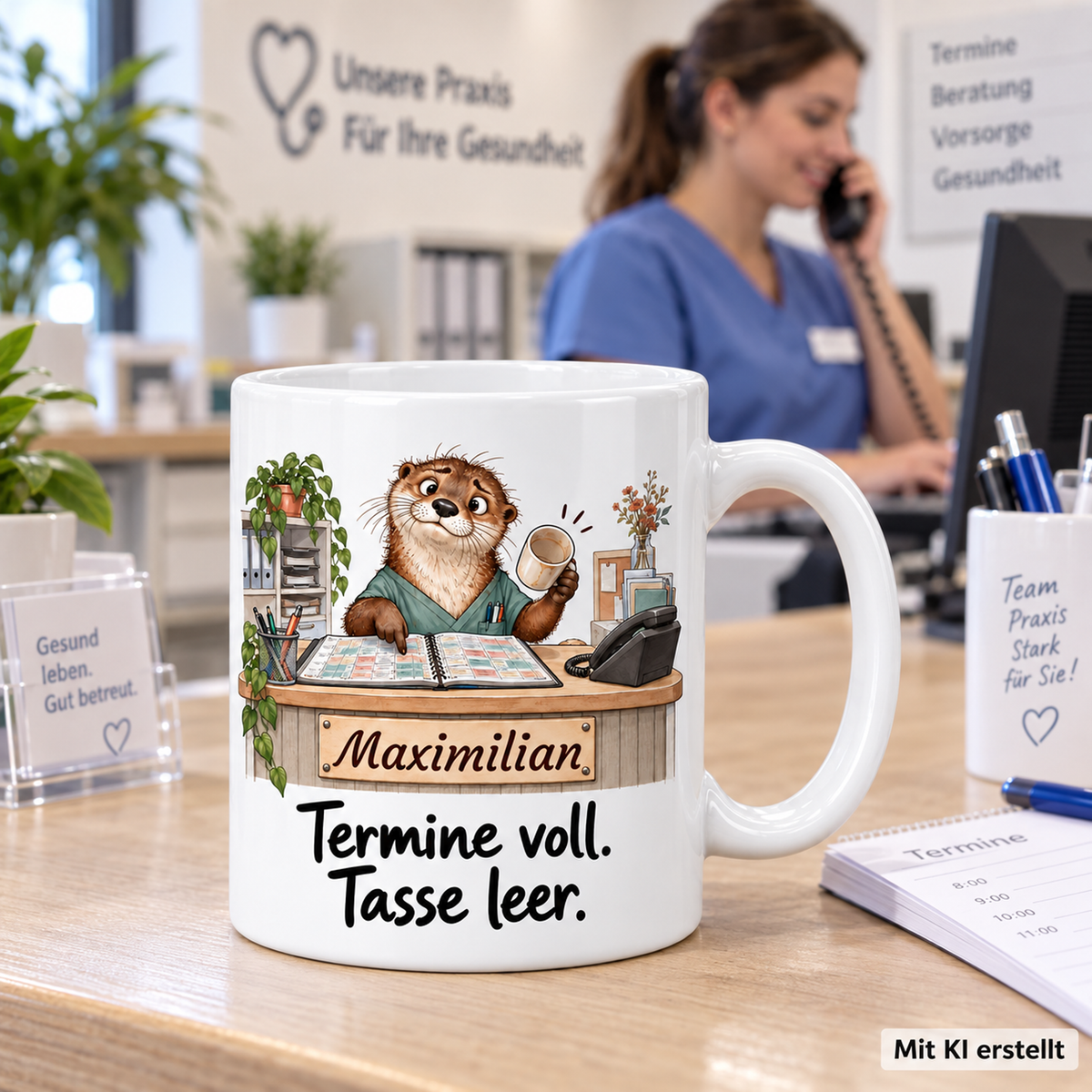 Personalisierte Medizinische Fachangestellte-Tasse mit Tiermotiv und Wunschname auf einer Arbeitsfläche; passende Berufsszene mit arbeitender Person unscharf im Hintergrund. Mit KI erstellt.