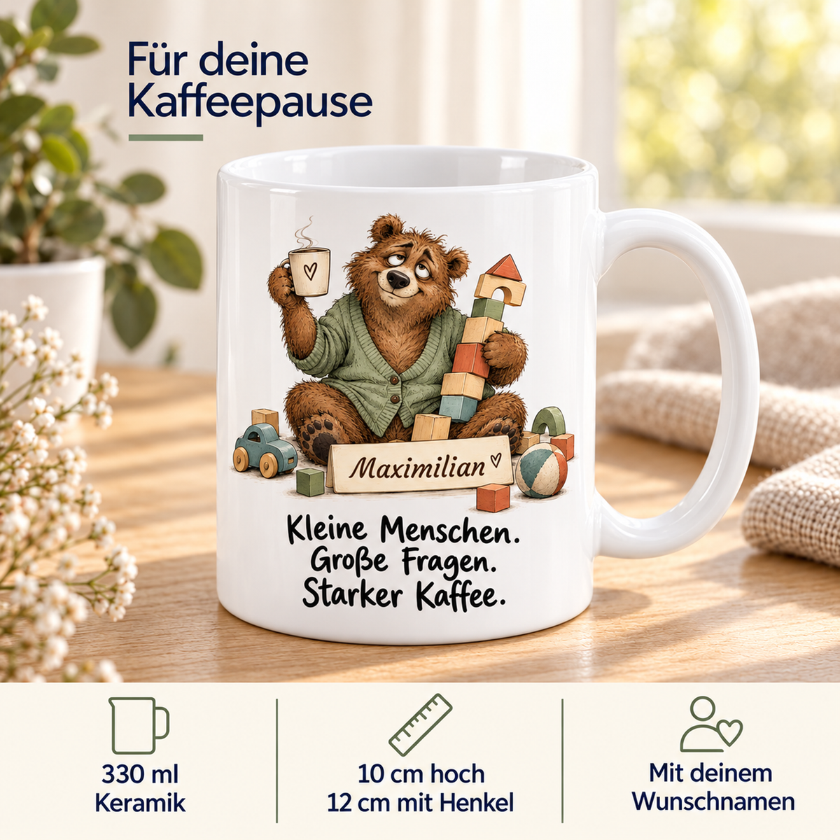 Kita: weiße Tasse mit Bär-Berufsmotiv, Spruch und Beispielname Maximilian – Eigenschaften