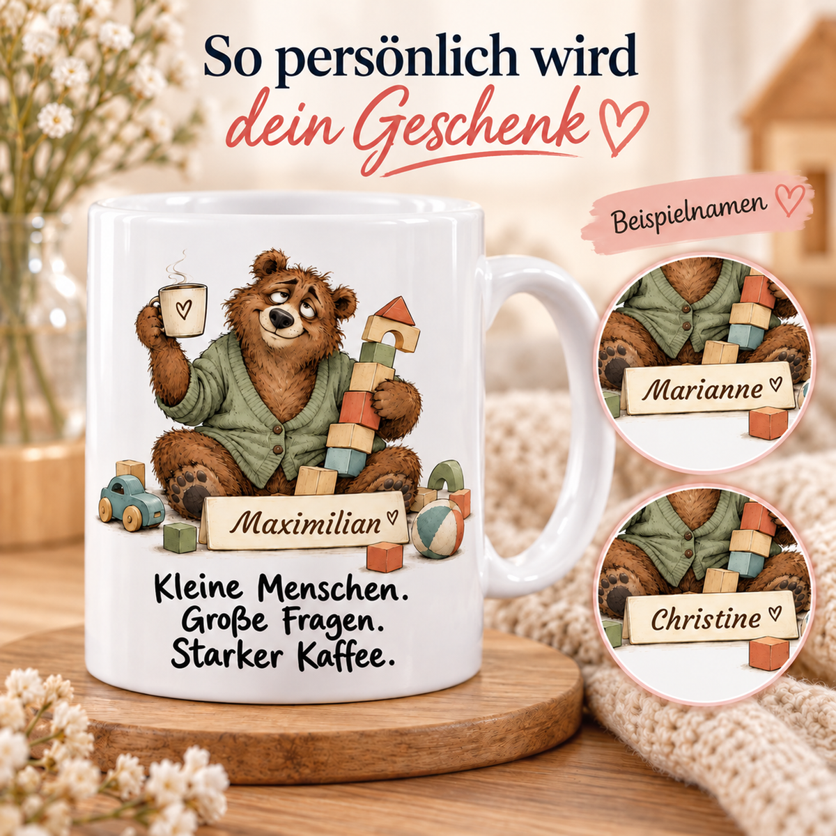 Kita: weiße Tasse mit Bär-Berufsmotiv, Spruch und Beispielname Maximilian – Personalisierungsbeispiele