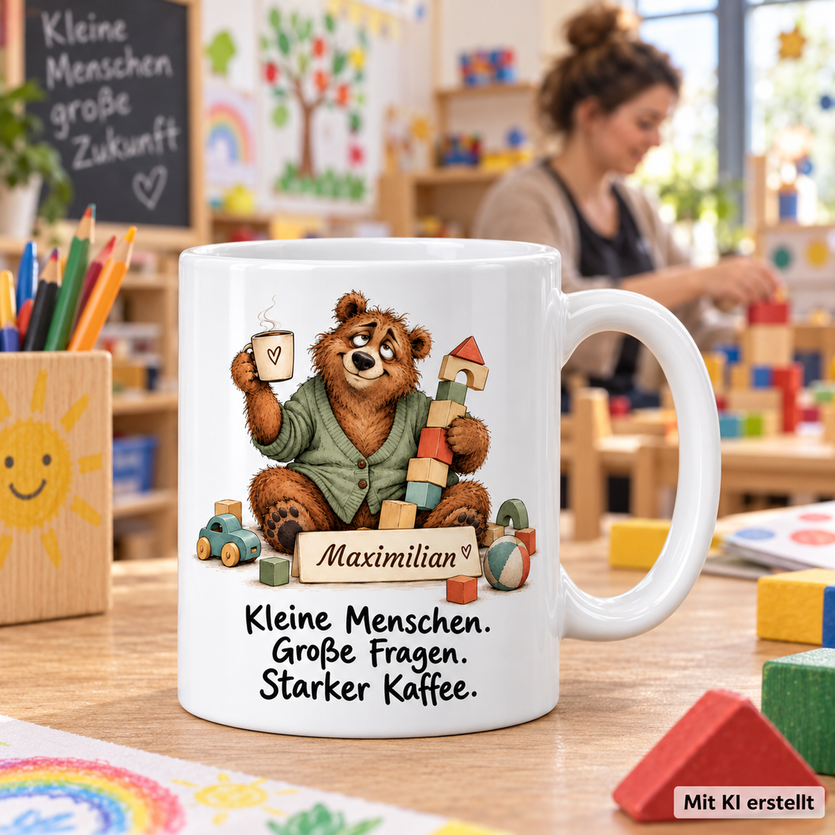 Personalisierte Erziehung / Kita-Tasse mit Tiermotiv und Wunschname auf einer Arbeitsfläche; passende Berufsszene mit arbeitender Person unscharf im Hintergrund. Mit KI erstellt.