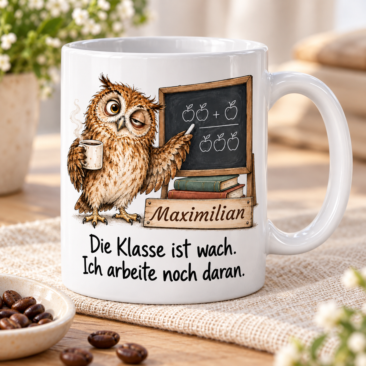 Lehrkräfte: weiße Tasse mit Eule-Berufsmotiv, Spruch und Beispielname Maximilian – Schrägansicht