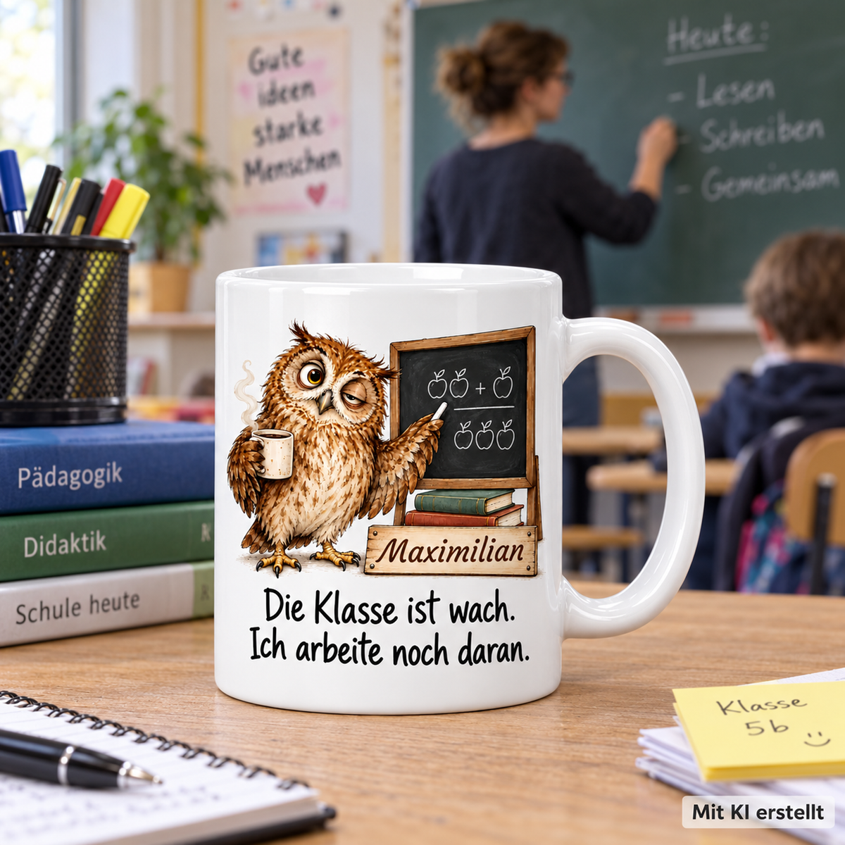 Personalisierte Lehrberuf-Tasse mit Tiermotiv und Wunschname auf einer Arbeitsfläche; passende Berufsszene mit arbeitender Person unscharf im Hintergrund. Mit KI erstellt.