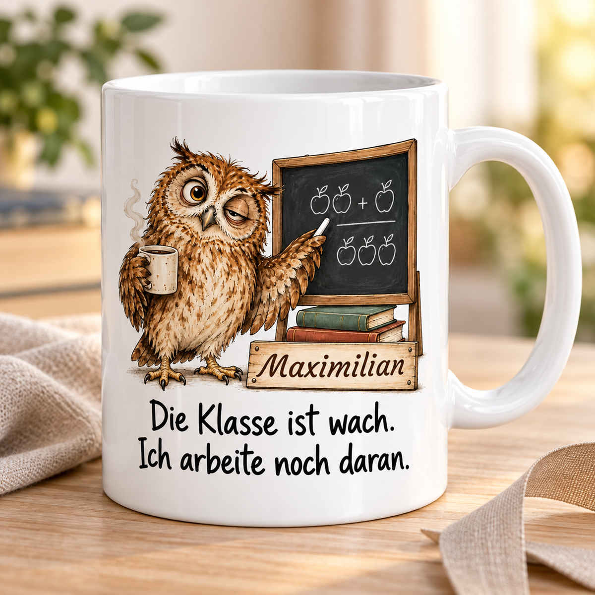 Lehrkräfte: weiße Tasse mit Eule-Berufsmotiv, Spruch und Beispielname Maximilian – Alltagsszene