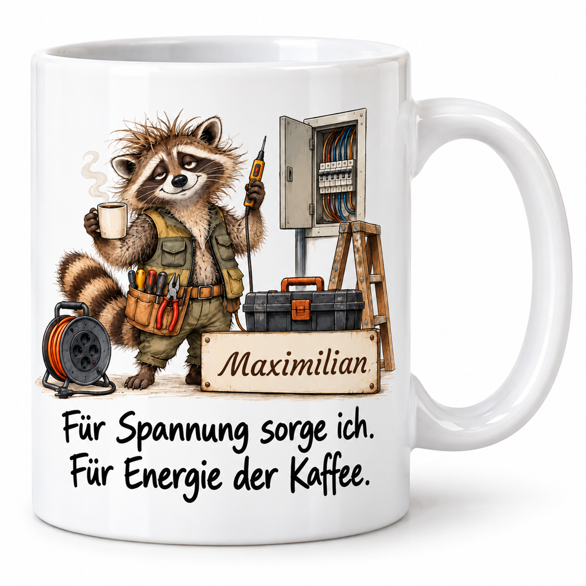 Elektrik: weiße Tasse mit Waschbär-Berufsmotiv, Spruch und Beispielname Maximilian – Hauptansicht