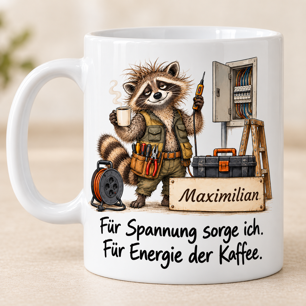 Elektrik: weiße Tasse mit Waschbär-Berufsmotiv, Spruch und Beispielname Maximilian – bedruckte Rückseite
