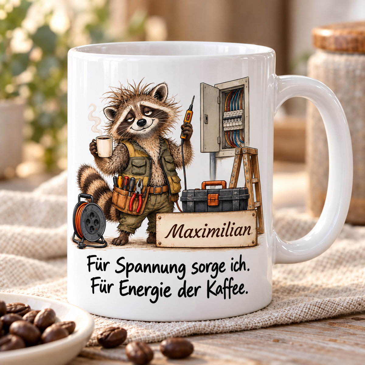 Elektrik: weiße Tasse mit Waschbär-Berufsmotiv, Spruch und Beispielname Maximilian – Schrägansicht