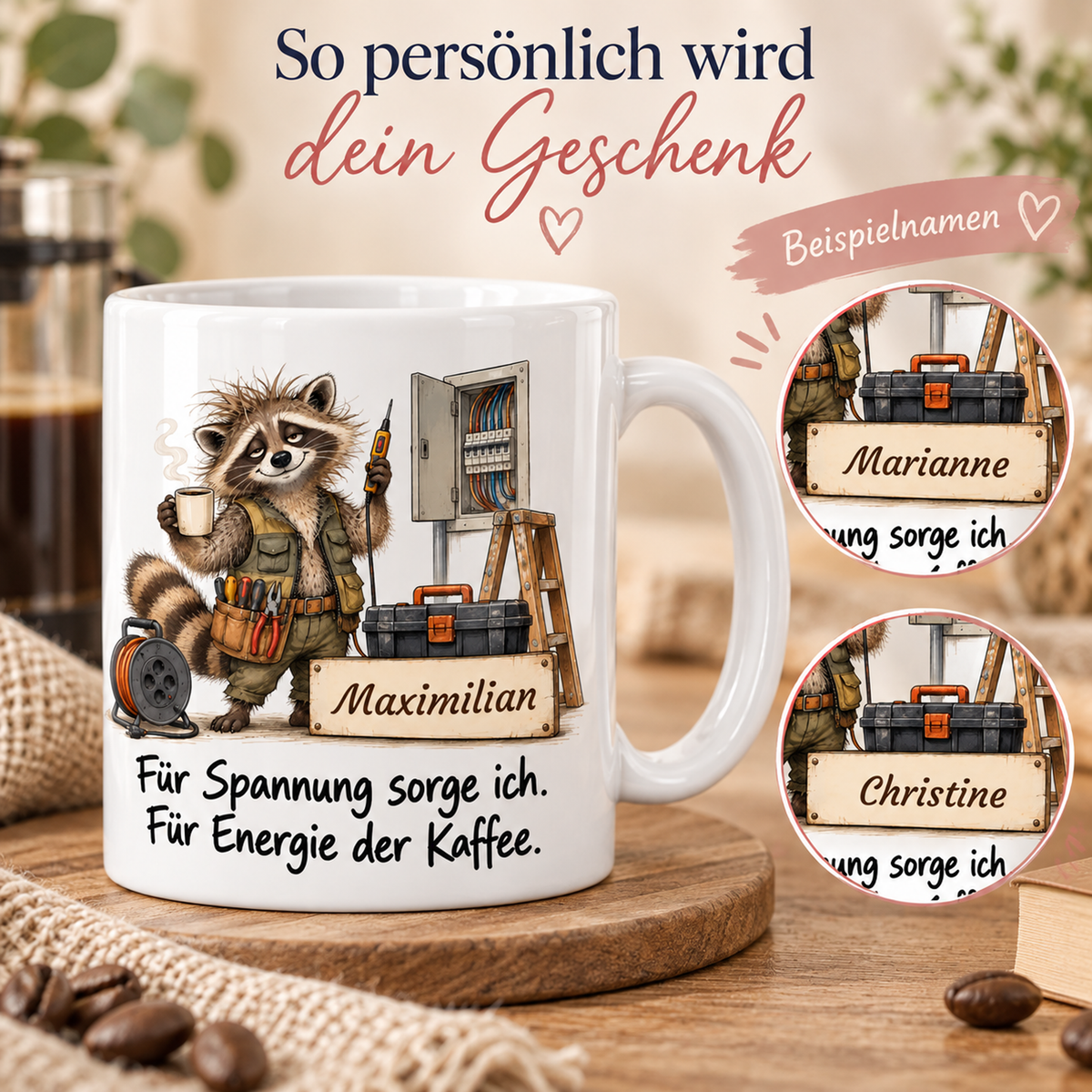 Elektrik: weiße Tasse mit Waschbär-Berufsmotiv, Spruch und Beispielname Maximilian – Personalisierungsbeispiele