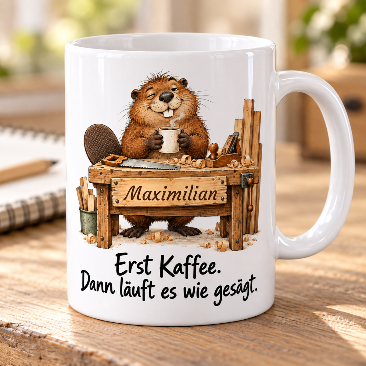 Tischlerei: weiße Tasse mit Biber-Berufsmotiv, Spruch und Beispielname Maximilian – Alltagsszene