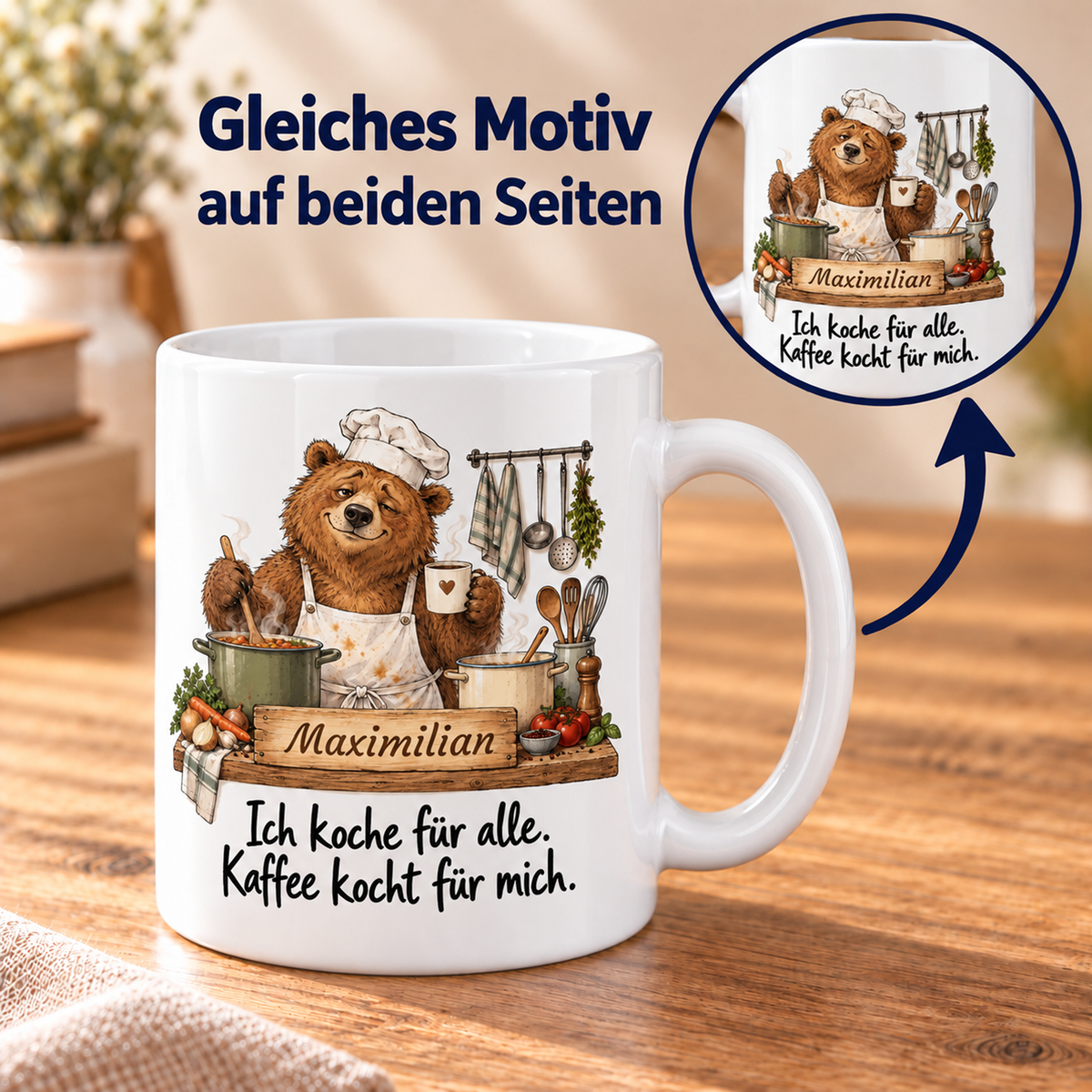Kochberuf: weiße Tasse mit Bär-Berufsmotiv, Spruch und Beispielname Maximilian – beidseitiger Druck