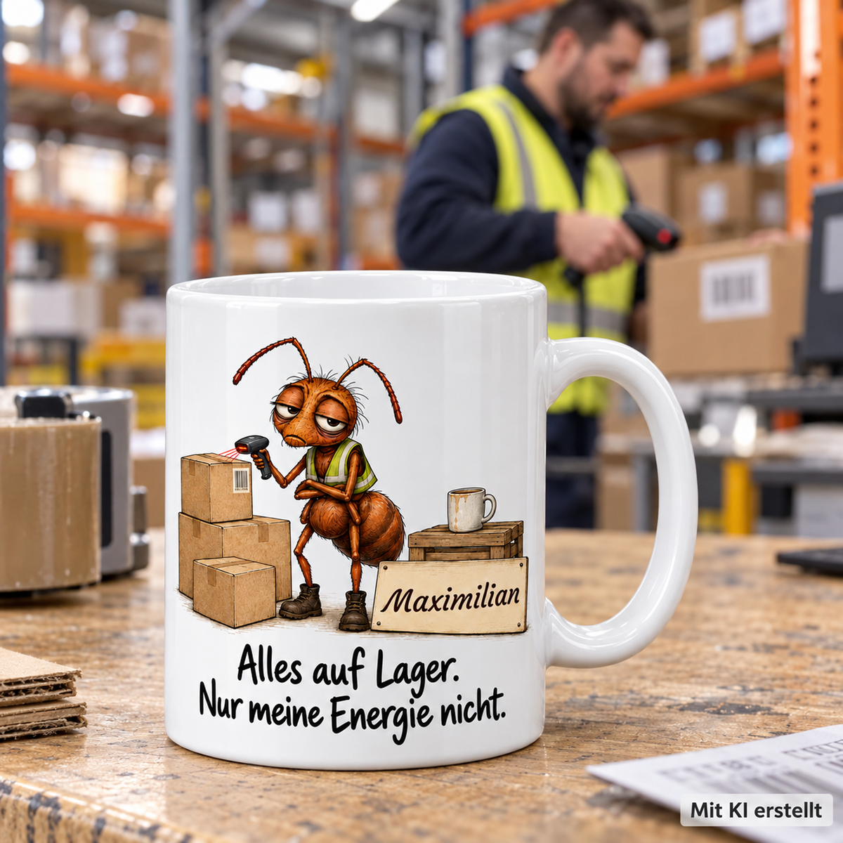 Personalisierte Logistik / Lager-Tasse mit Tiermotiv und Wunschname auf einer Arbeitsfläche; passende Berufsszene mit arbeitender Person unscharf im Hintergrund. Mit KI erstellt.